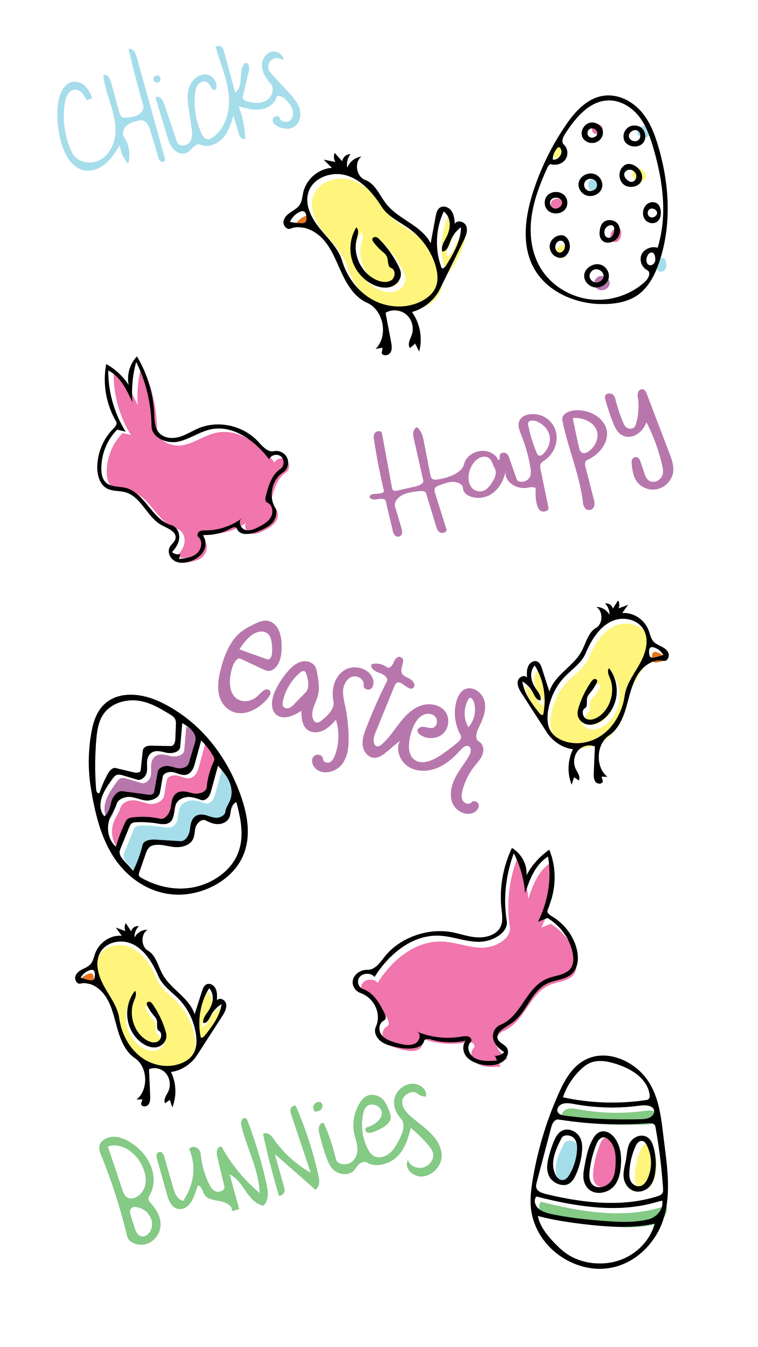 Cute Easter iPhone 桌布 壁紙 — 手繪復活節小雞、兔子和裝飾蛋，帶有彩色文字，白色背景。