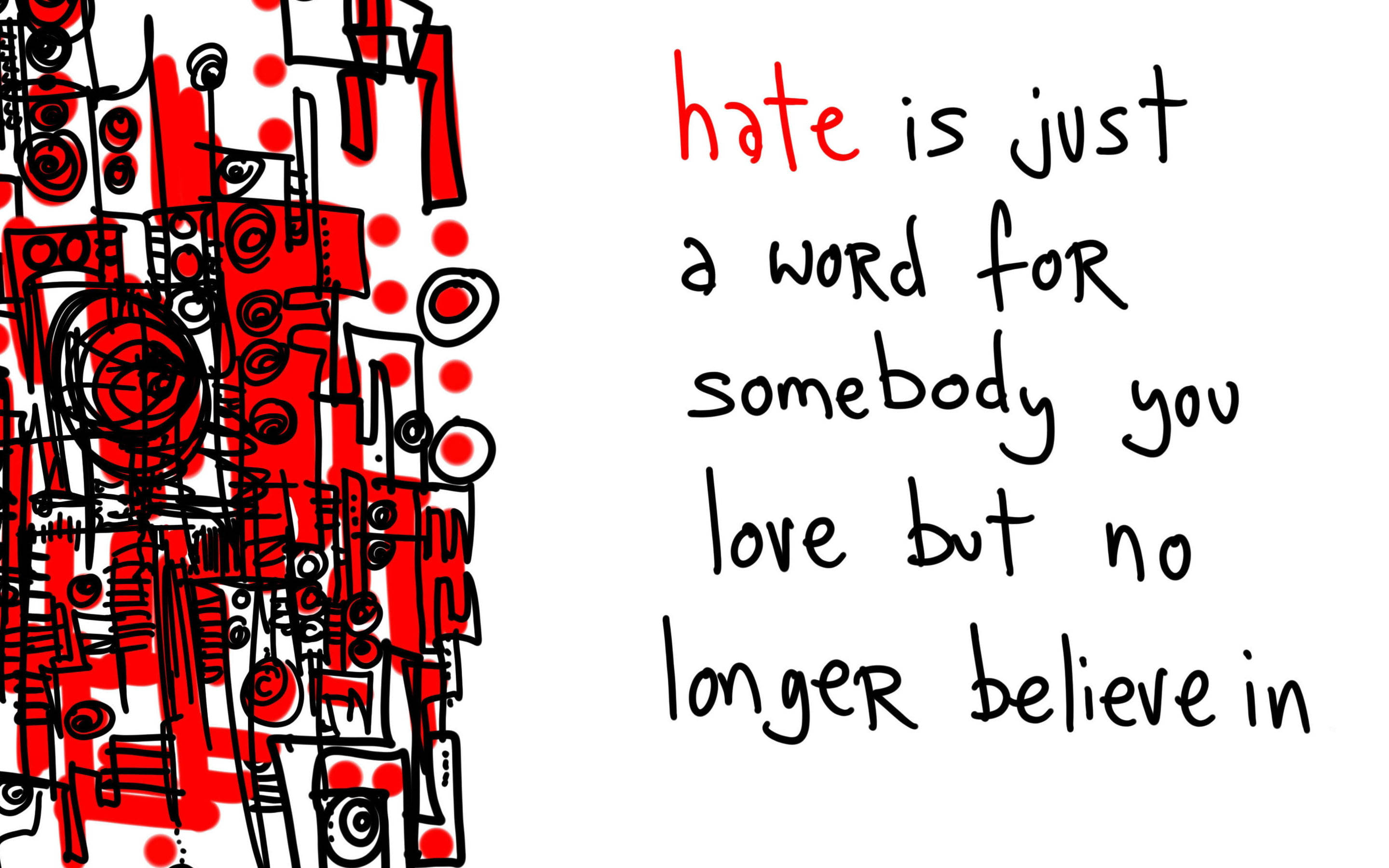 hate 桌布 壁紙 — 手繪抽象紅黑塗鴉圖案與手寫文字形成對比，文字內容為「仇恨只是一個詞，用來形容你愛但不再相信的人」。