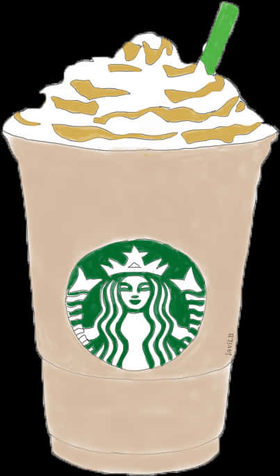 Starbucks Coffee 桌布 壁紙 — 手繪插圖，一杯星巴克冰咖啡，上面有鮮奶油和焦糖醬，配綠色吸管。