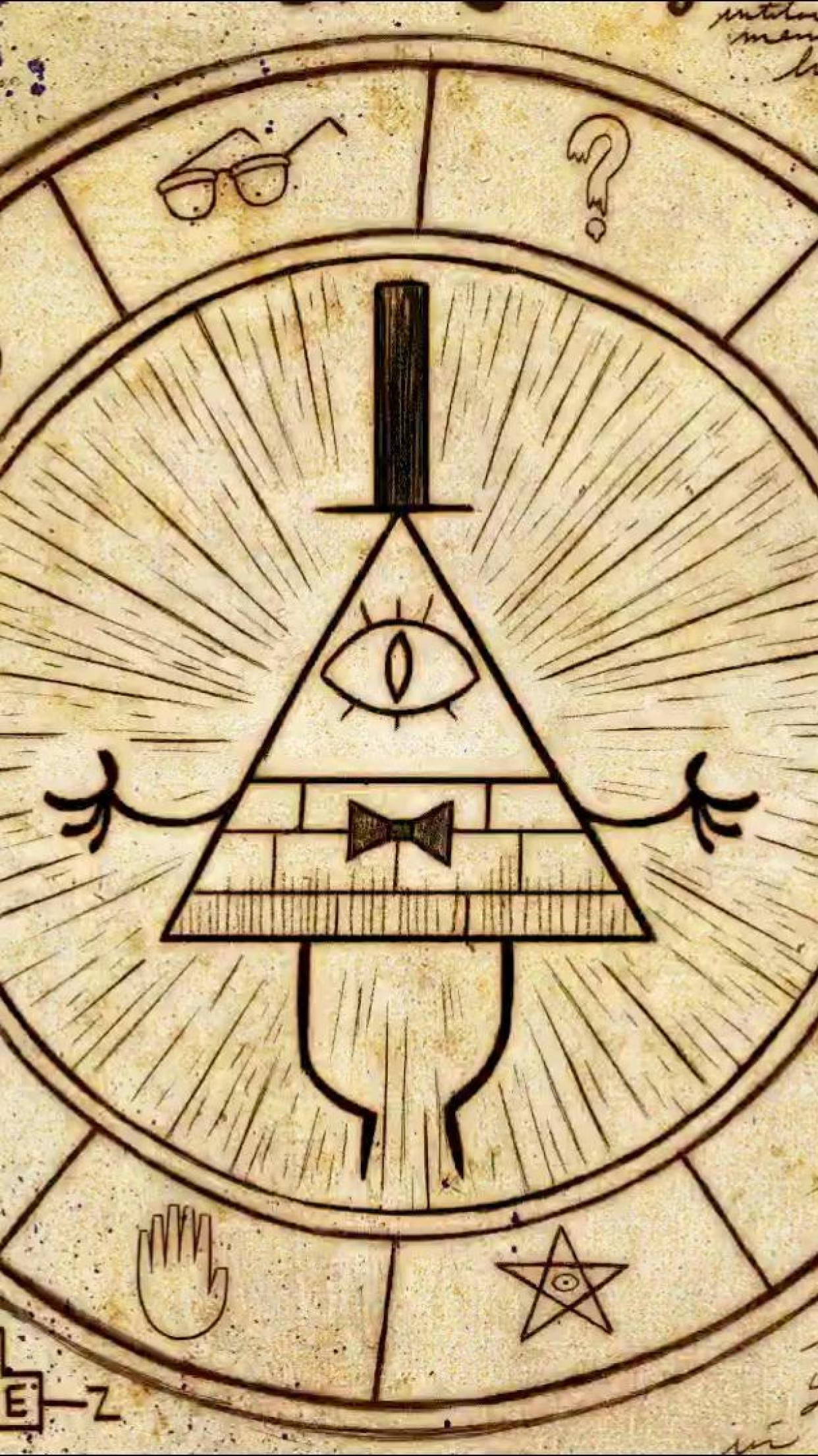 gravity 桌布 壁紙 — 手繪插圖，動畫角色 Bill Cipher 張開雙臂，戴著蝴蝶結，被神秘符號包圍在舊羊皮紙上。