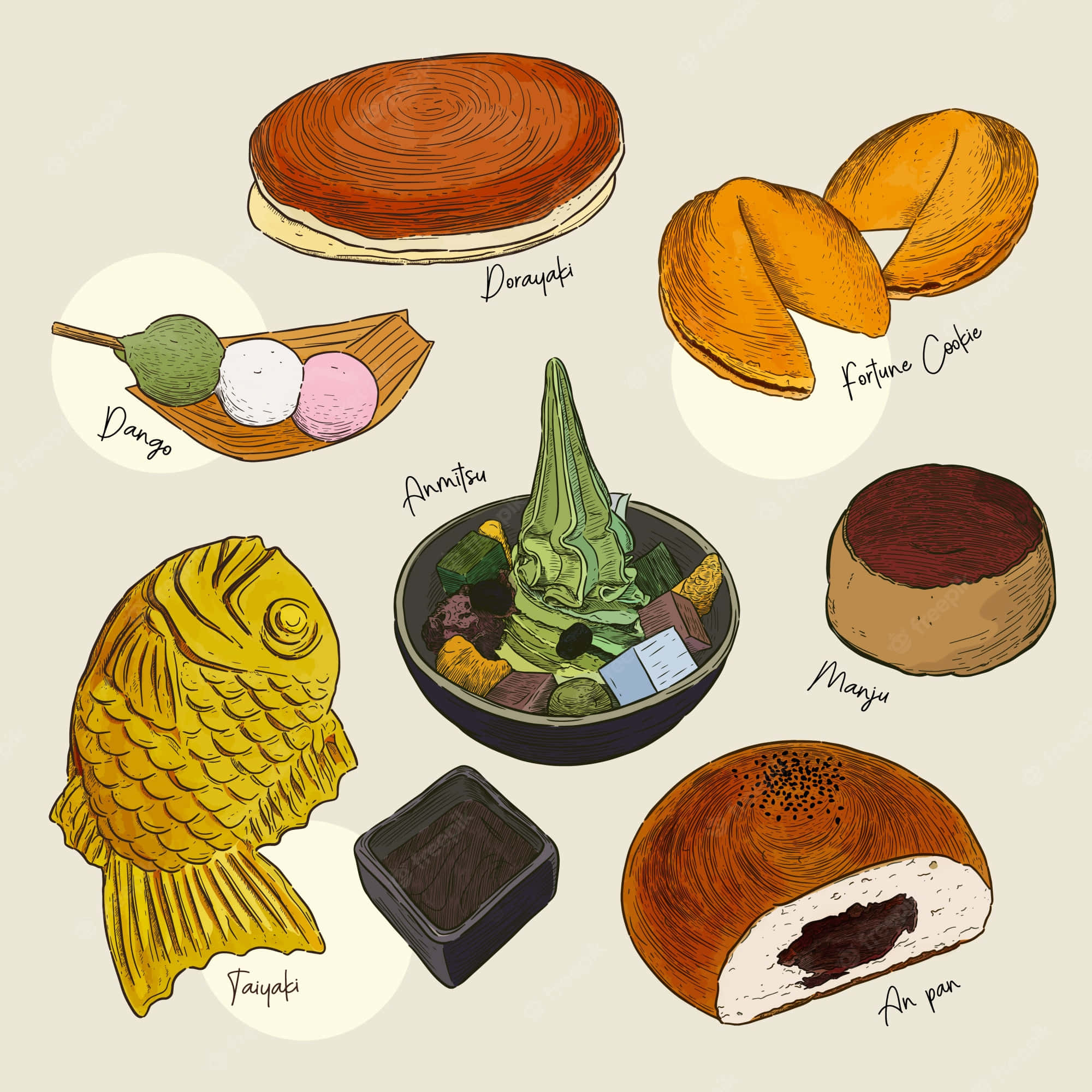 Japanese Sweets 桌布 壁紙 — 手繪插圖，展示多種日式甜點如銅鑼燒、鯛魚燒和饅頭，排列在米色背景上。