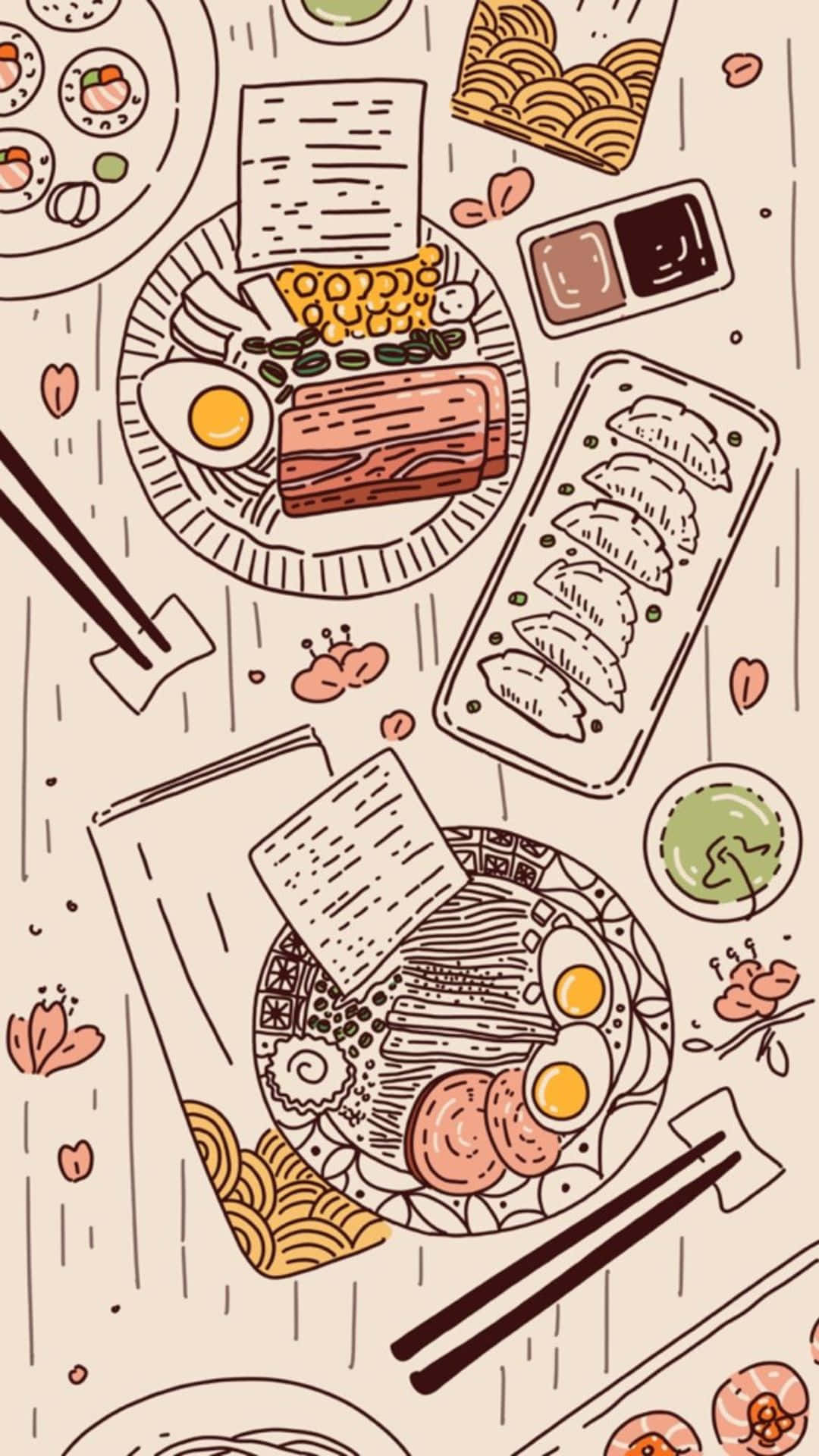 Kawaii Japanese Food 桌布 壁紙 — 手繪插圖，描繪了各式日本料理如拉麵、餃子和雞蛋，擺放在有筷子及花卉裝飾的桌上。