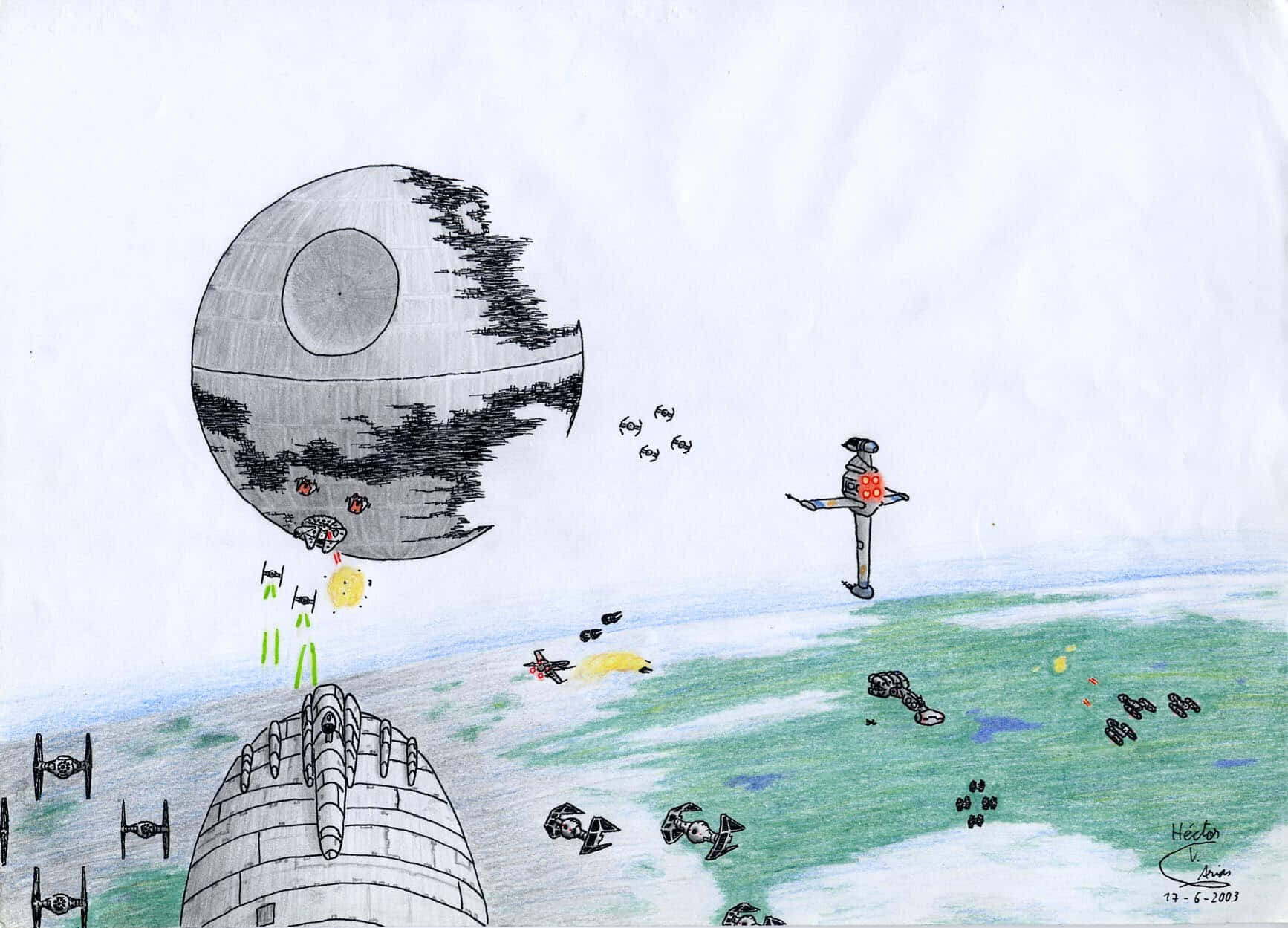 The Battle Of Endor 桌布 壁紙 — 手繪星際大戰戰鬥場景，綠色星球上空有死星、X翼戰機和鈦戰機。