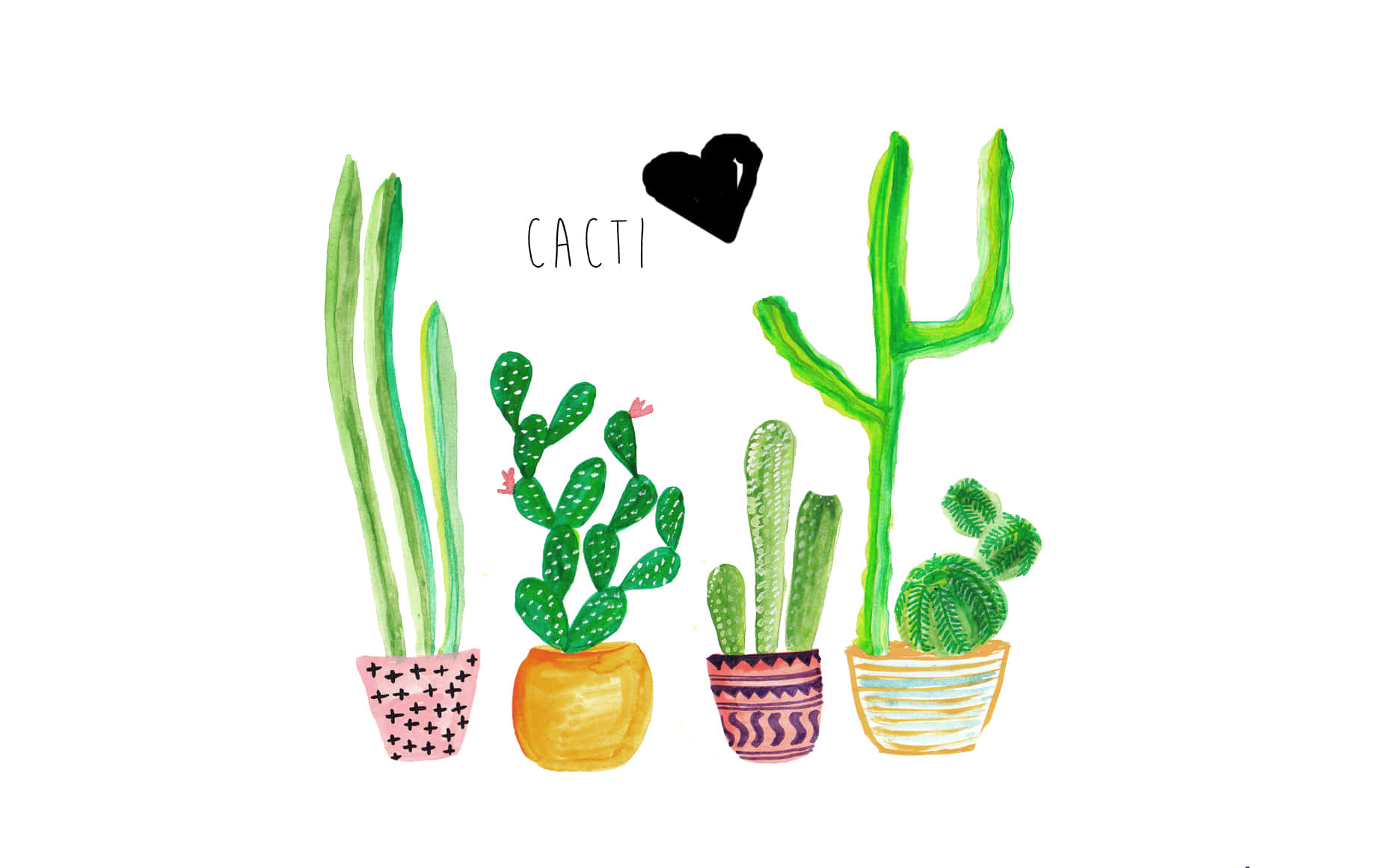 Cactus 桌布 壁紙 — 手繪水彩插圖，五盆仙人掌，配有彩色圖案花盆，以及「cacti」字樣上方有一個黑色心形。