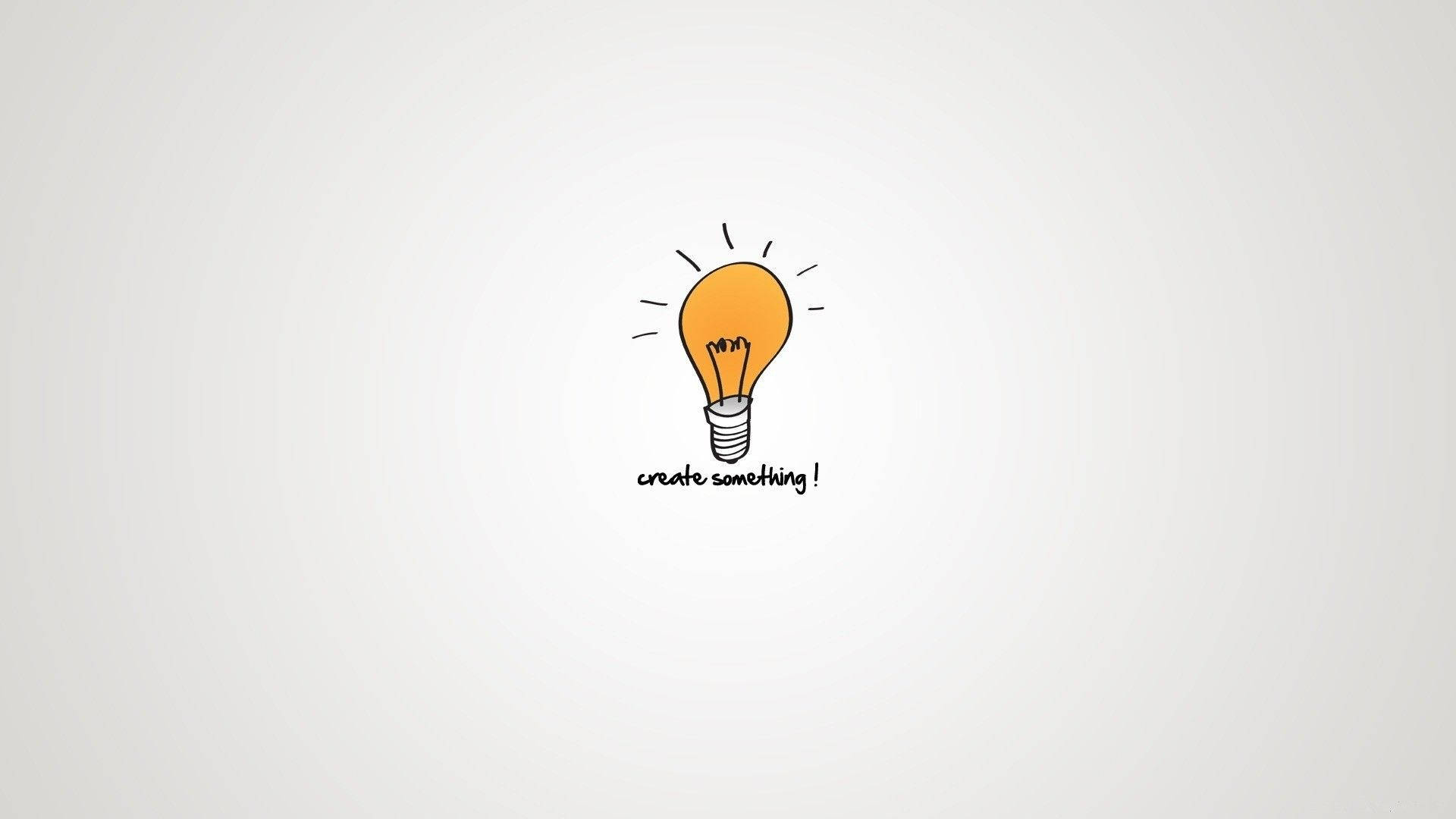 勵志動圖 桌布 壁紙 — 手繪發光燈泡，帶有光線和文字 create something!，背景為柔和灰色。