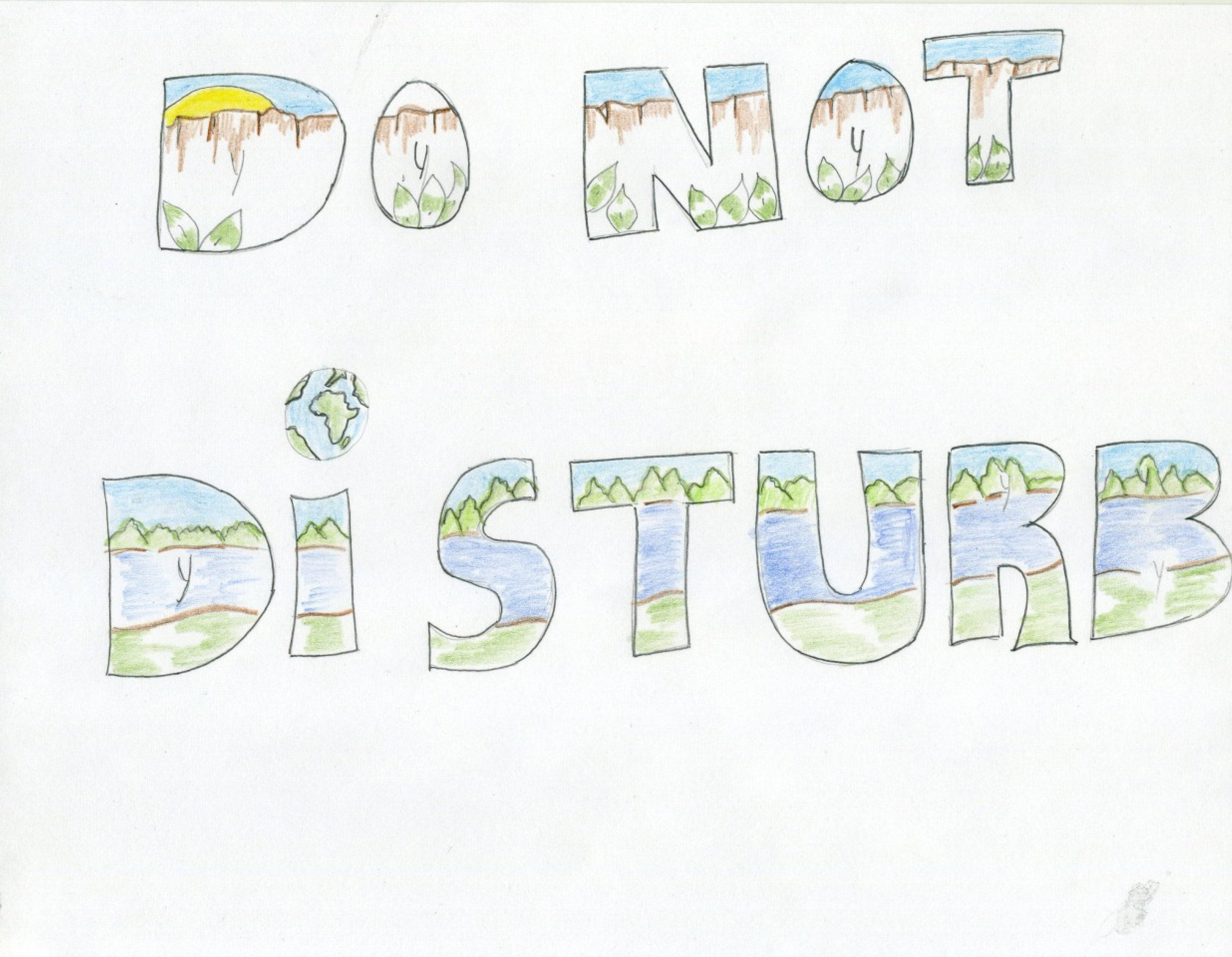 塗鴉動圖 桌布 壁紙 — 手繪的「DO NOT DISTURB」標誌，每個字母都填滿了自然景色，例如山、河流和樹木。
