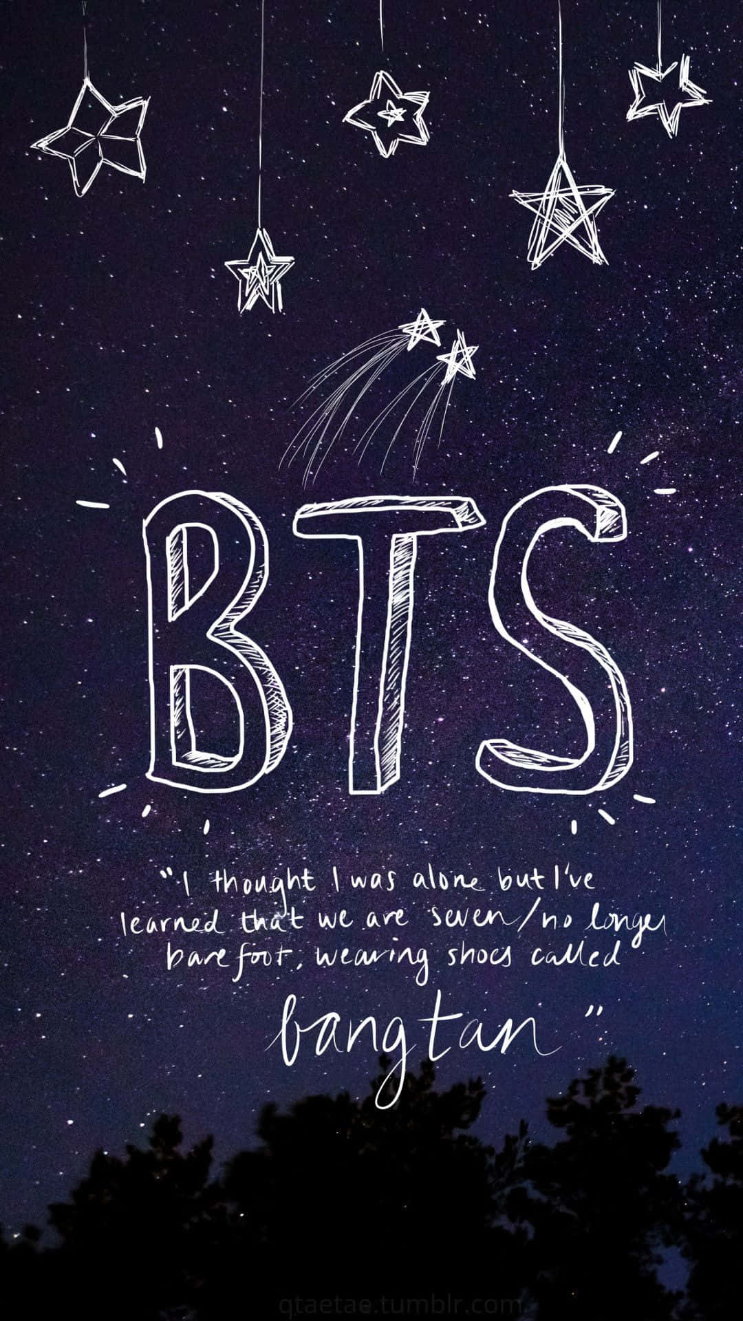 Tumblr Phone 桌布 壁紙 — 手繪的BTS標誌和語錄在掛滿星星的星空下飄浮，下方有樹木剪影。