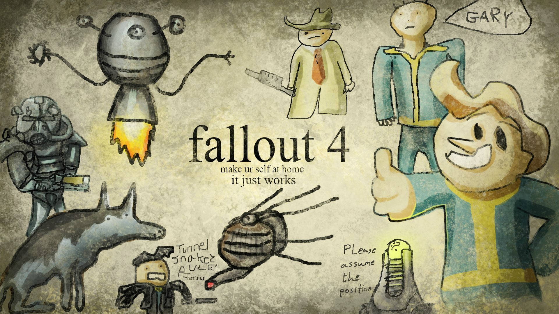 Fallout 4 桌布 壁紙 — 手繪的Fallout 4角色，包括Vault Boy和機器人，在帶紋理的紙上，附有遊戲標語。