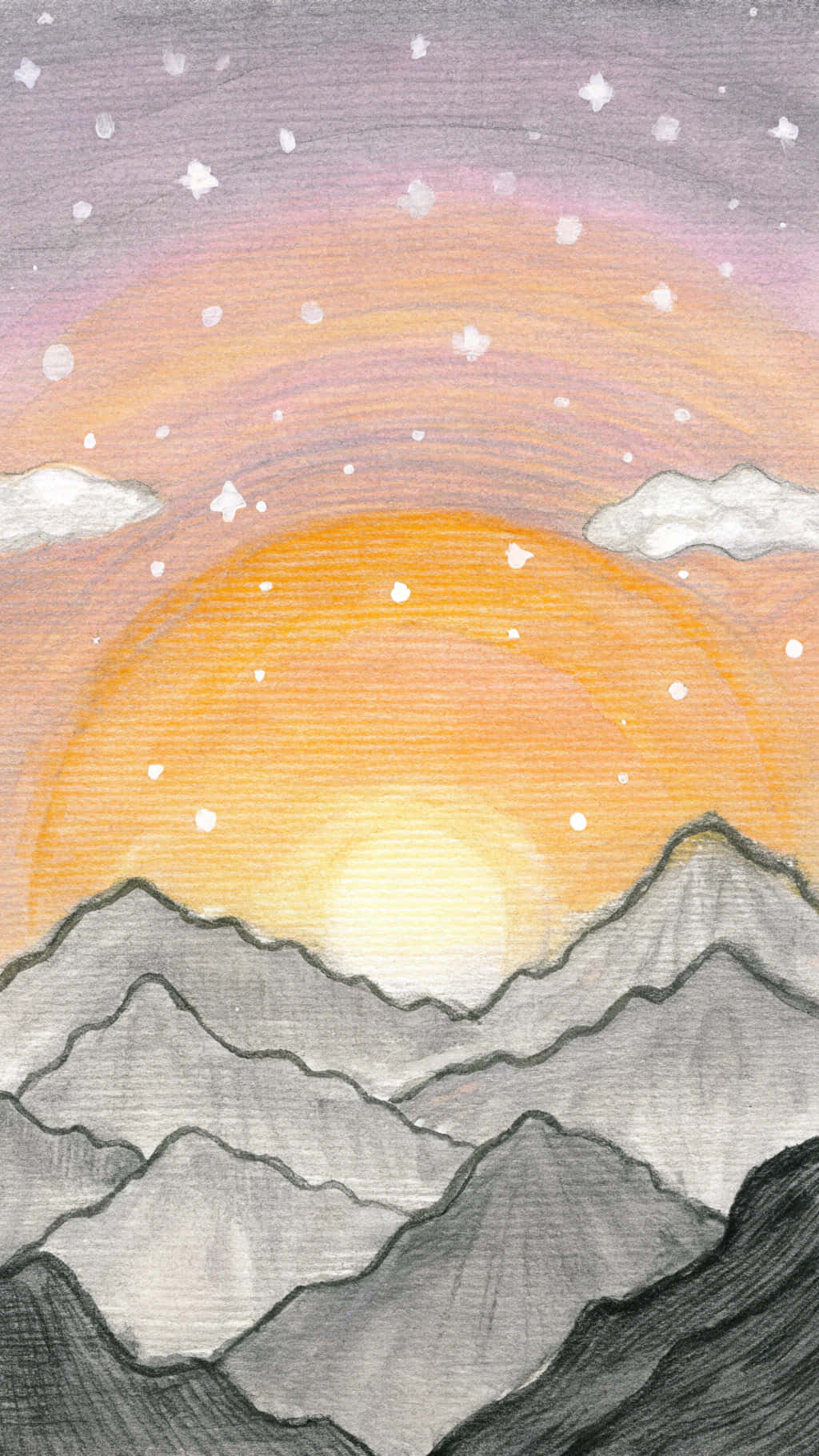 太陽 桌布 壁紙 — 手繪的日落，灰色山脈，橙色天空和白色星星。