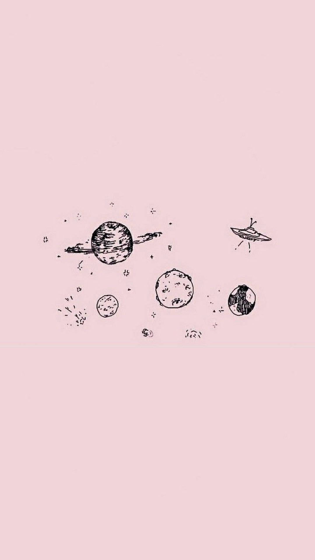 美學平板 桌布 壁紙 — 手繪的行星和UFO宇宙塗鴉漂浮在柔和的粉紅色背景上。