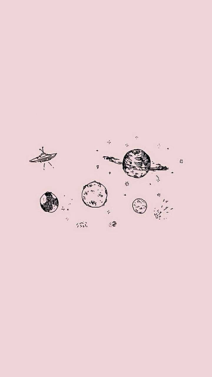 宇宙 桌布 壁紙 — 手繪的行星和UFO宇宙塗鴉漂浮在柔和的粉紅色背景上。