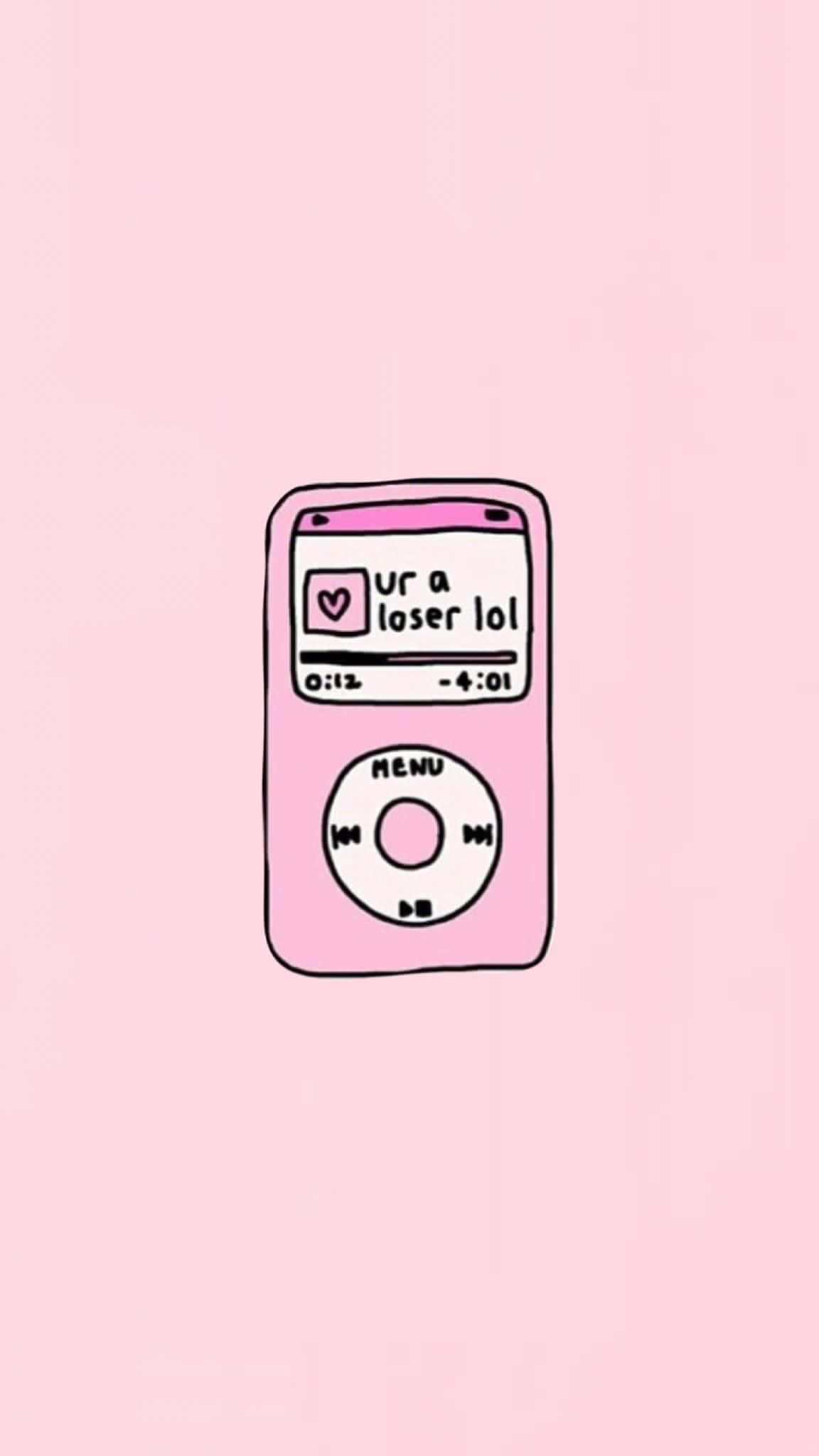 iPod 桌布 壁紙 — 手繪粉紅色 iPod，螢幕上顯示俏皮訊息，背景為柔和粉紅色。