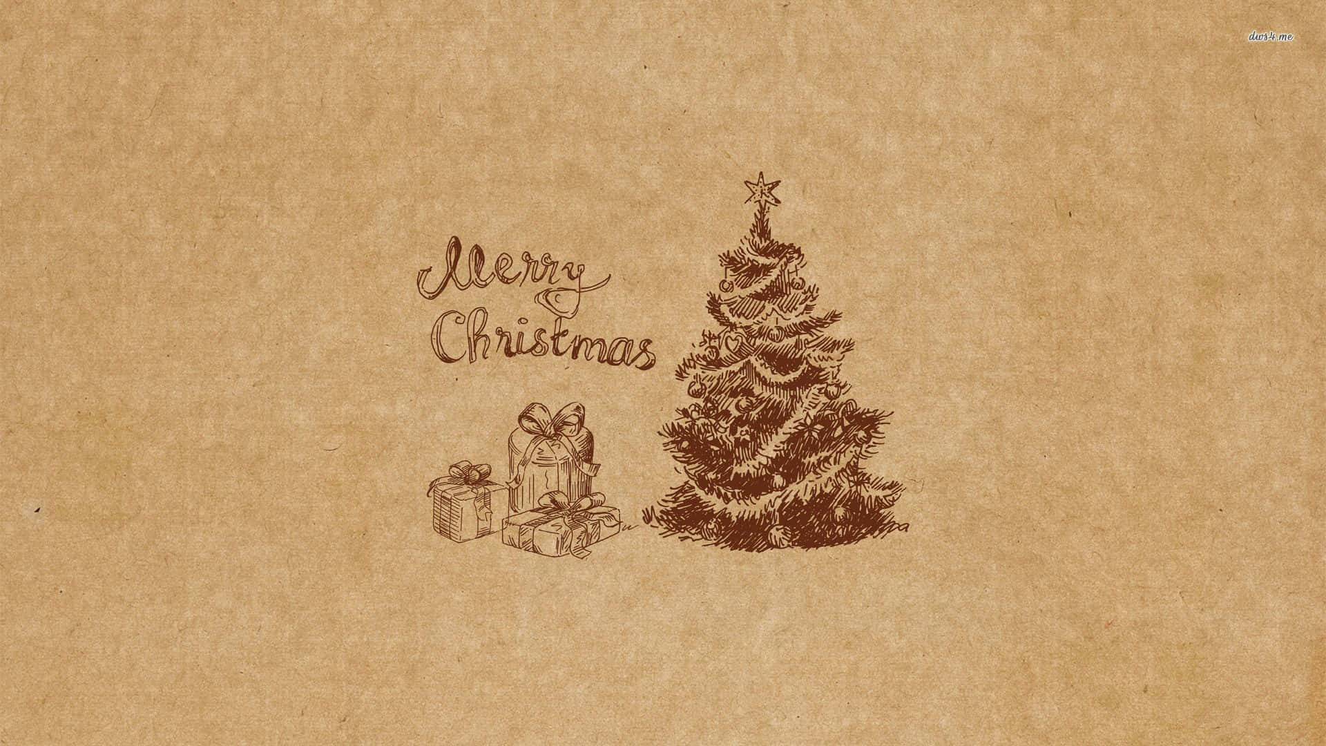 Vintage Christmas 桌布 壁紙 — 手繪聖誕樹，附有禮物和草書「聖誕快樂」，背景為帶紋理的棕色紙張。