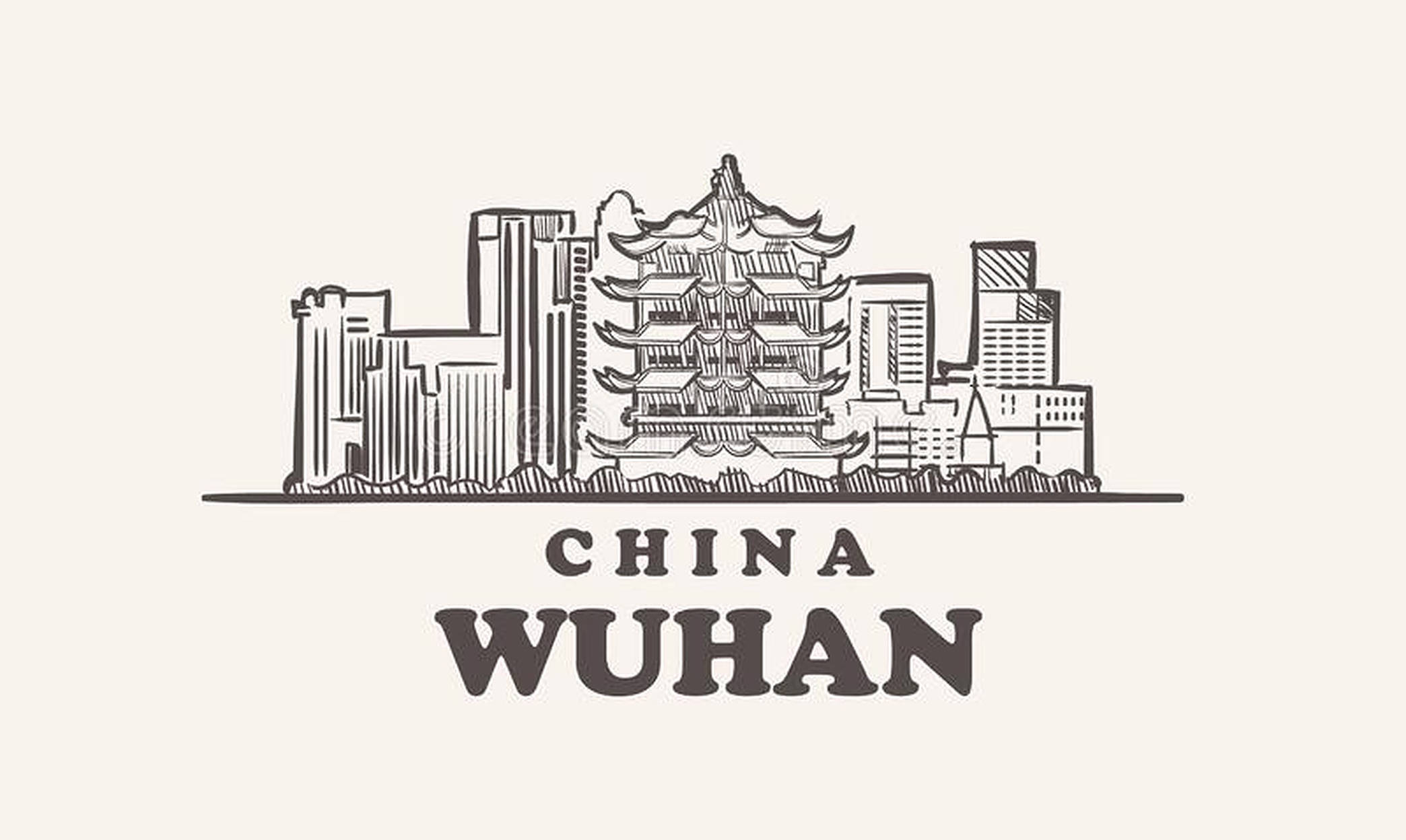 Wuhan 桌布 壁紙 — 手繪草圖，融合傳統寶塔和現代摩天大樓的武漢天際線，下方有粗體文字。