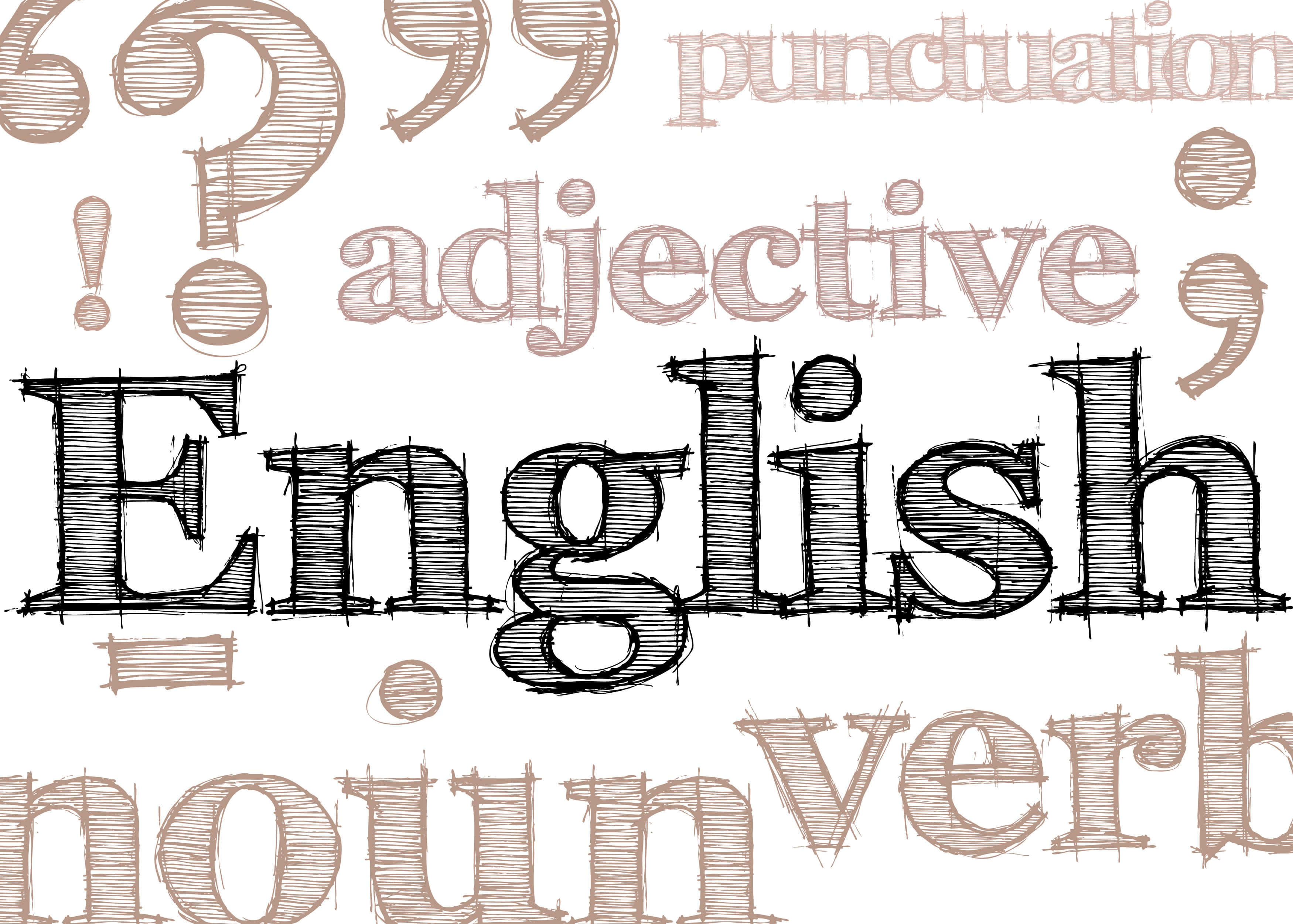 English 桌布 壁紙 — 手繪草圖風格字體設計，包含英文文法術語如名詞、動詞、形容詞，並被標點符號環繞。