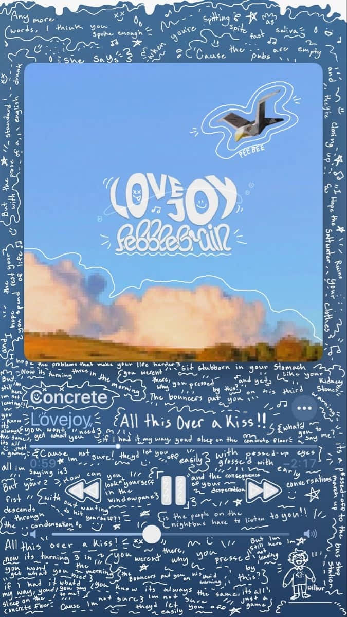 Music Phone 桌布 壁紙 — 手繪音樂播放器介面，以天空和鳥類場景為框架，周圍環繞著手寫歌詞和塗鴉。