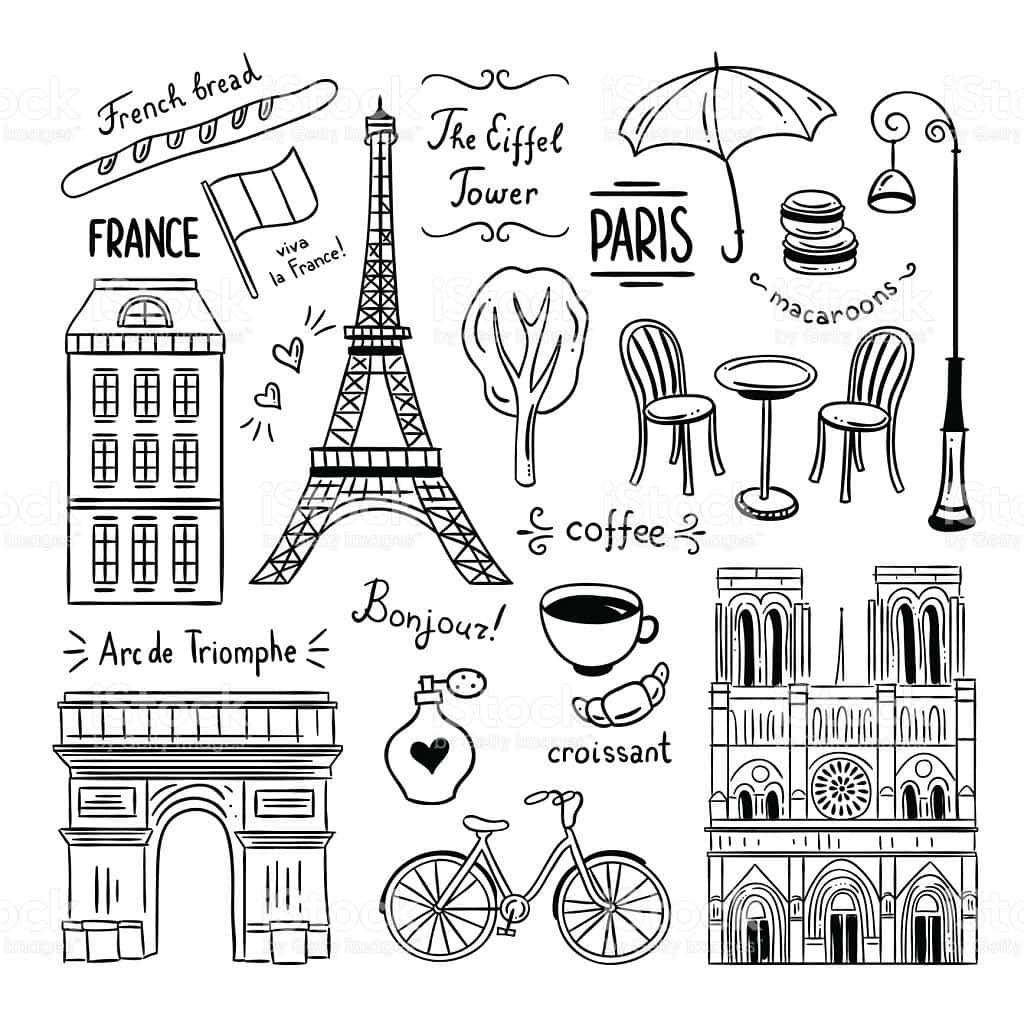 french 桌布 壁紙 — 手繪黑白塗鴉，描繪巴黎標誌性建築如艾菲爾鐵塔、聖母院和可頌，並附有法文文字。