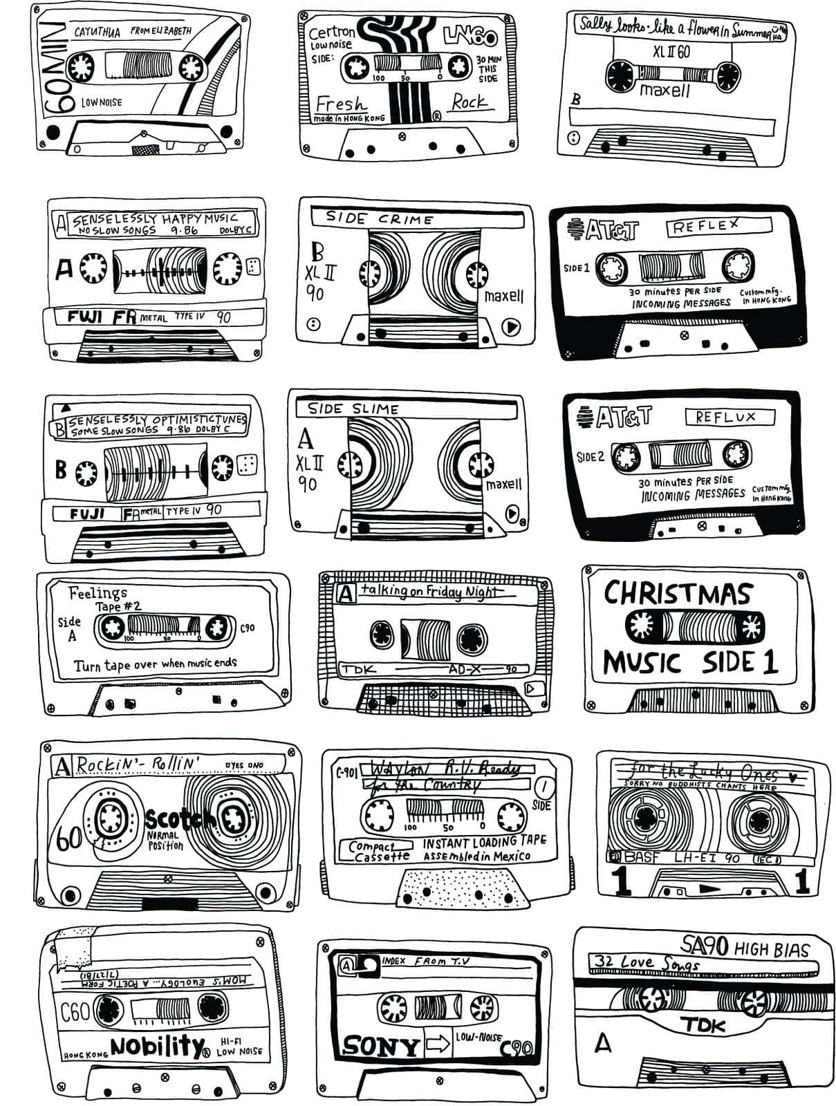Mixtape 桌布 壁紙 — 手繪黑白塗鴉，描繪復古卡式錄音帶，帶有古怪的手寫標籤和品牌名稱。