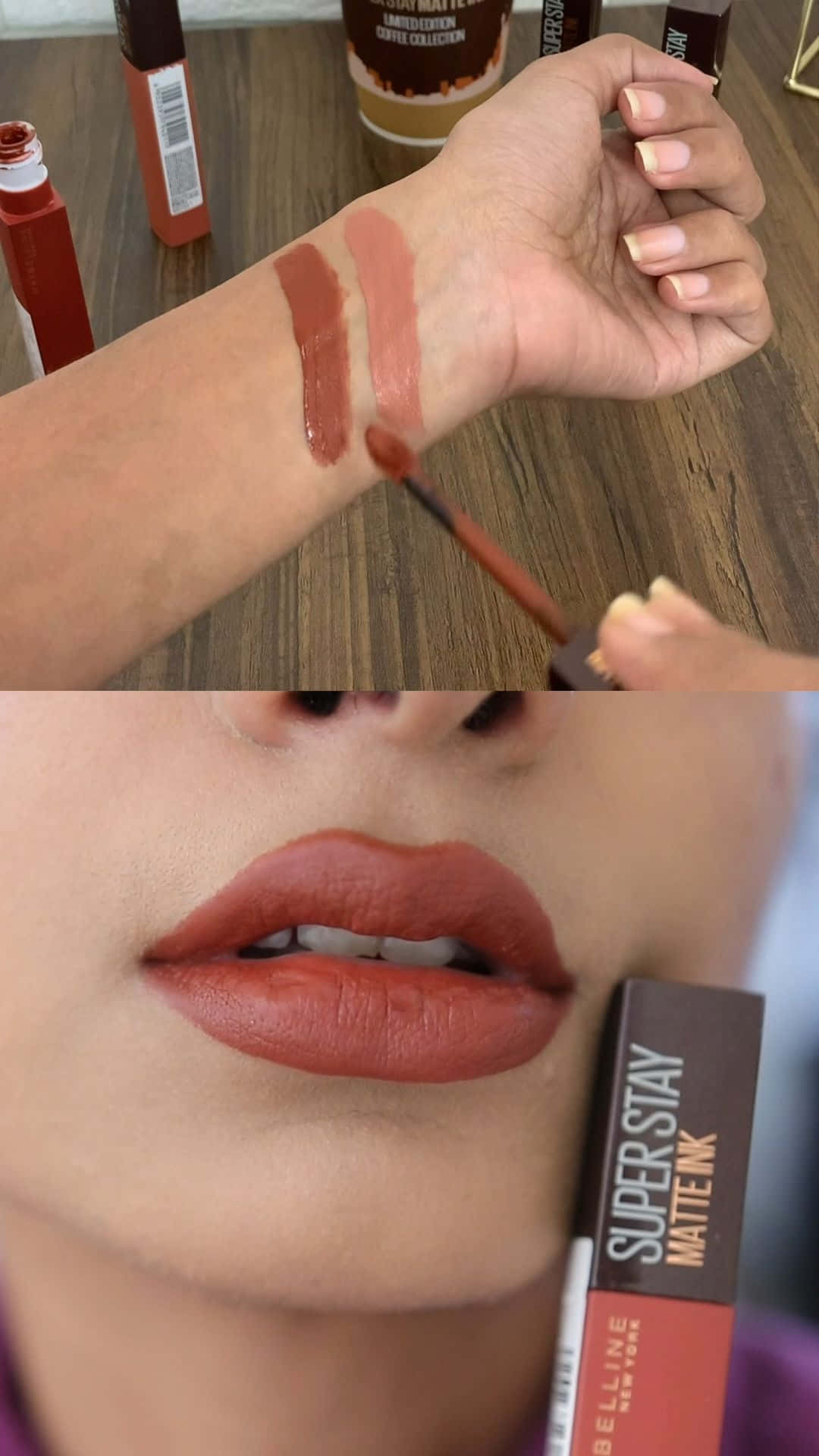lipstick 桌布 壁紙 — 手部在手腕上試色兩款暖色調霧面唇膏的特寫，下半部分顯示塗有相同色調的嘴唇。