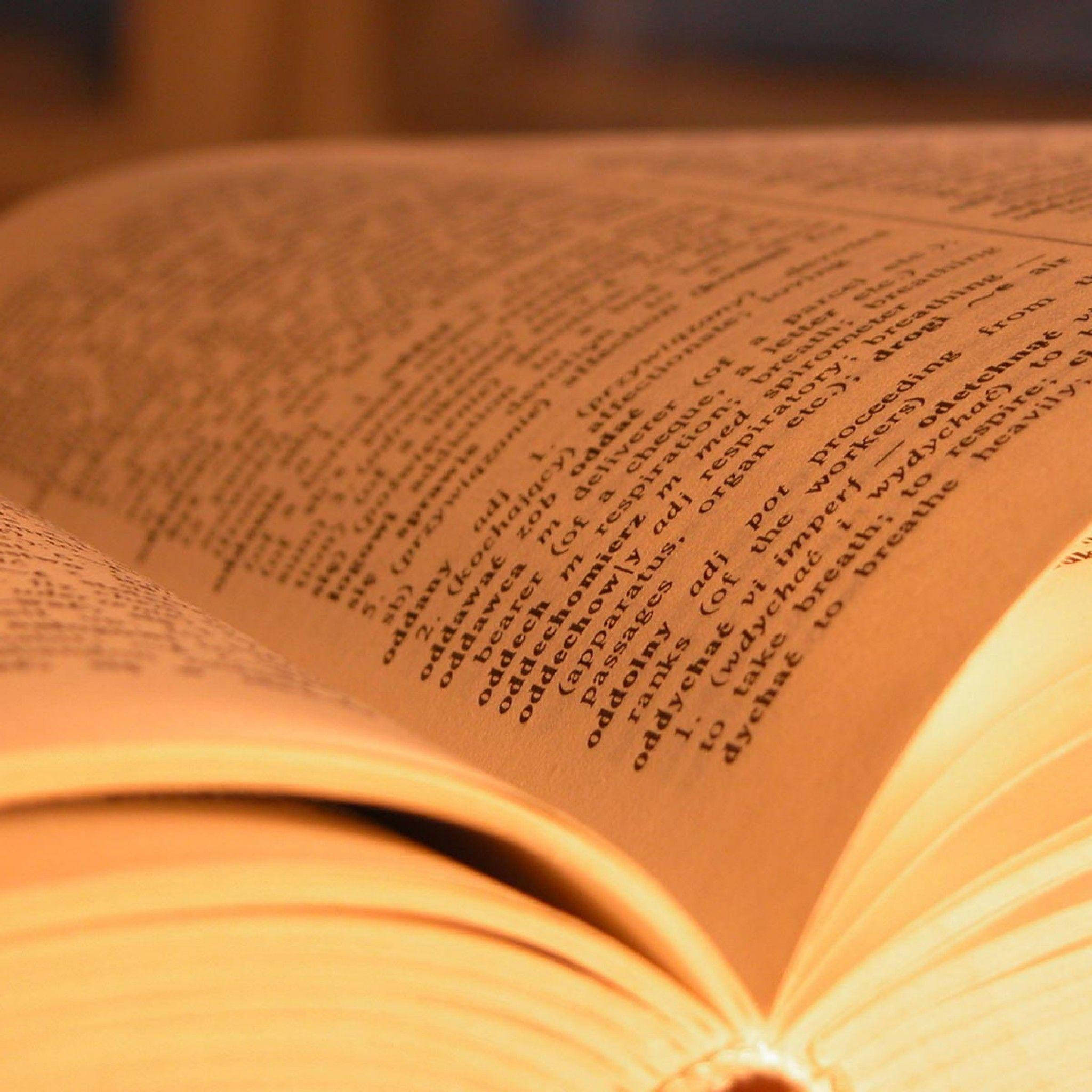 Dictionary 桌布 壁紙 — 打開的字典頁面特寫，沐浴在溫暖的金色光線中，背景柔和模糊。