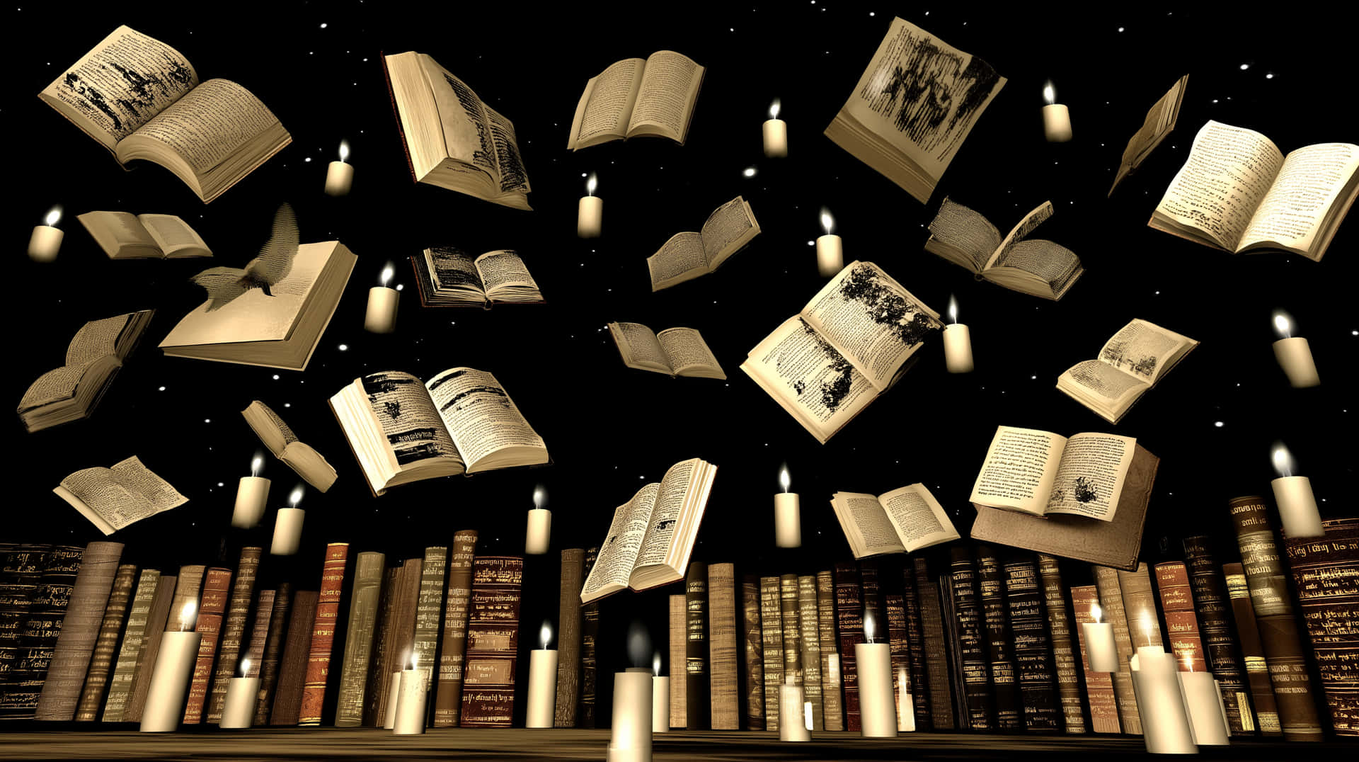 Floating Books Magic 壁紙 — 打開的書本和點燃的蠟燭漂浮在一個星空虛空中，上方是一個裝滿復古書籍的書架。