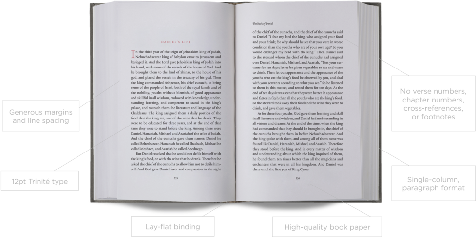 Open Bible 桌布 壁紙 — 打開的書本展示但以理的生命文字，具有清晰的排版和佈局註釋，突出寬闊的邊距、行距和12pt trinit字體。