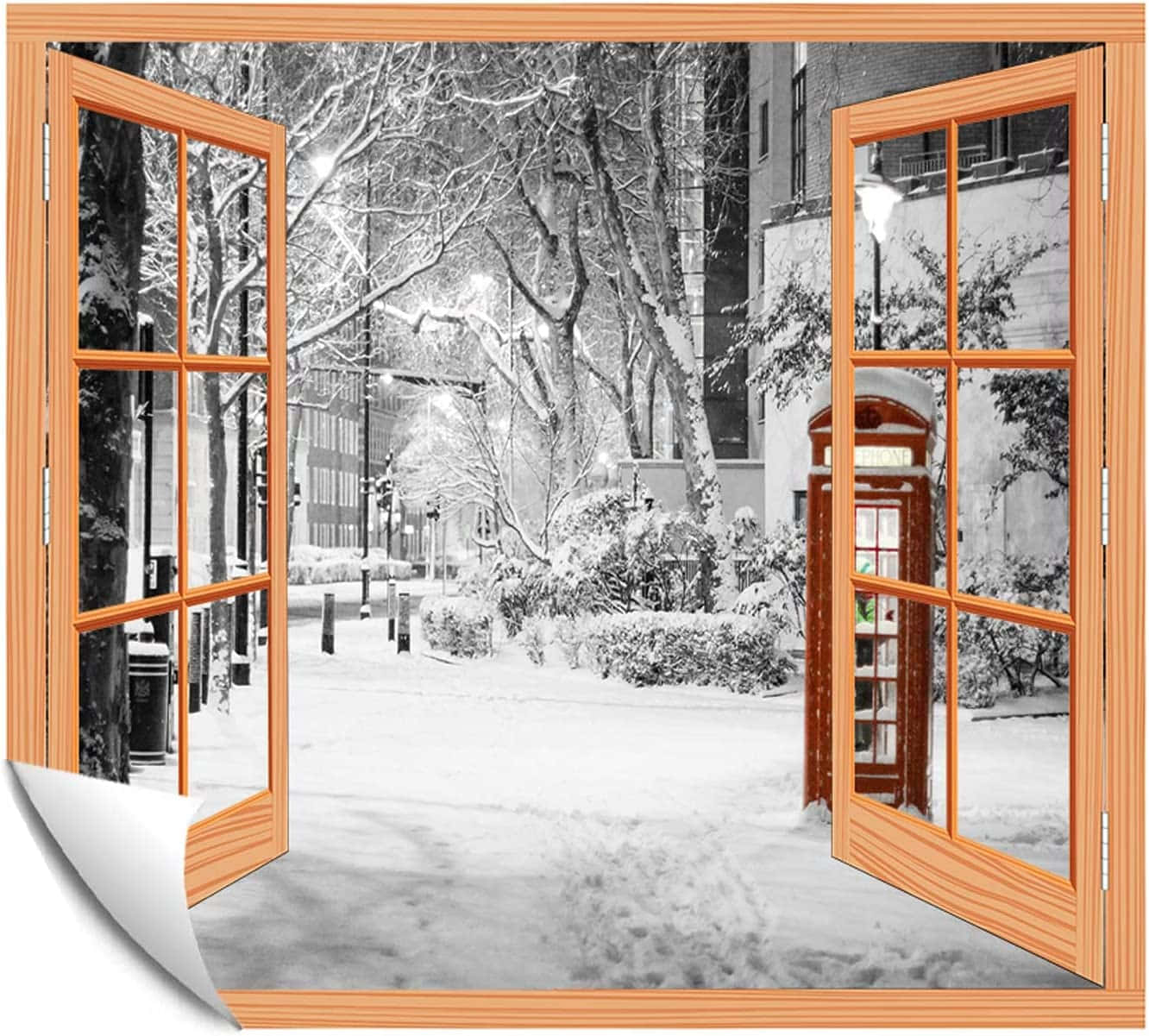 blizzard 桌布 壁紙 — 打開的木框窗戶展現出夜晚積雪的城市街道，有光禿的樹木和一個紅色電話亭。