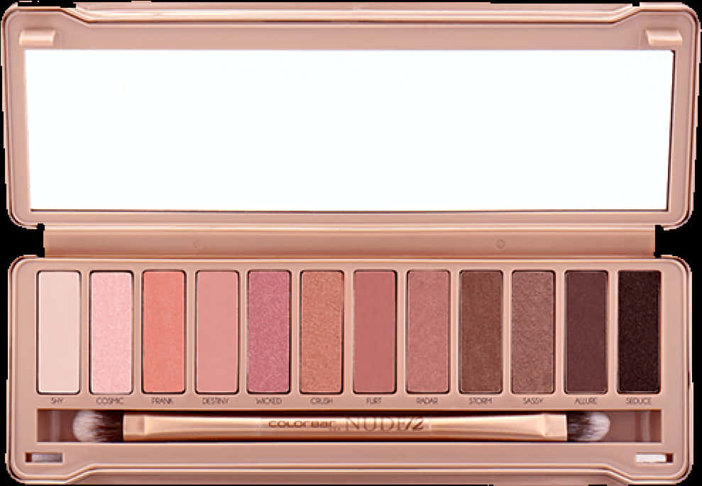 Makeup Kit 桌布 壁紙 — 打開的玫瑰金眼影盤，包含十種霧面和閃爍色調及一支雙頭刷。