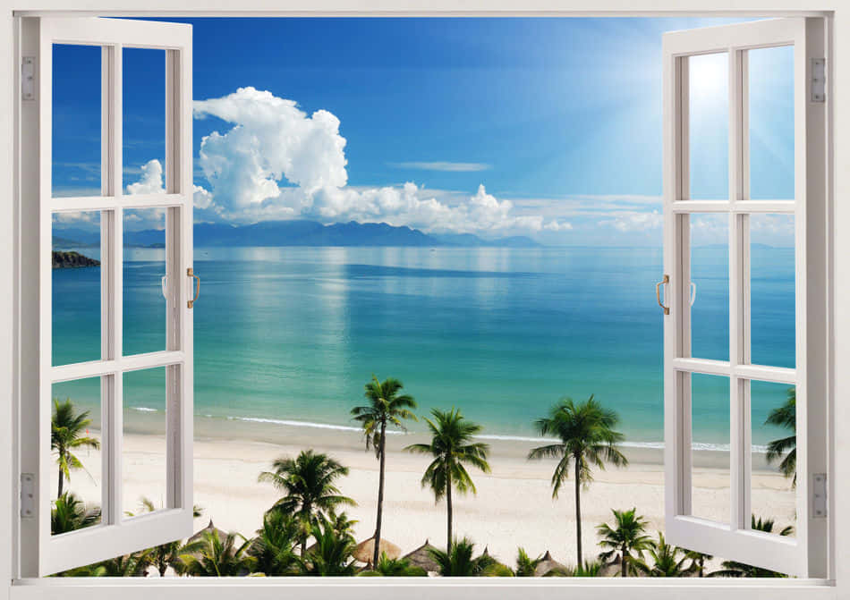 window 桌布 壁紙 — 打開的白色框架窗戶展現出綠松石色的海洋、棕櫚樹和遠處的山脈，在明亮的藍天下有蓬鬆的雲朵。
