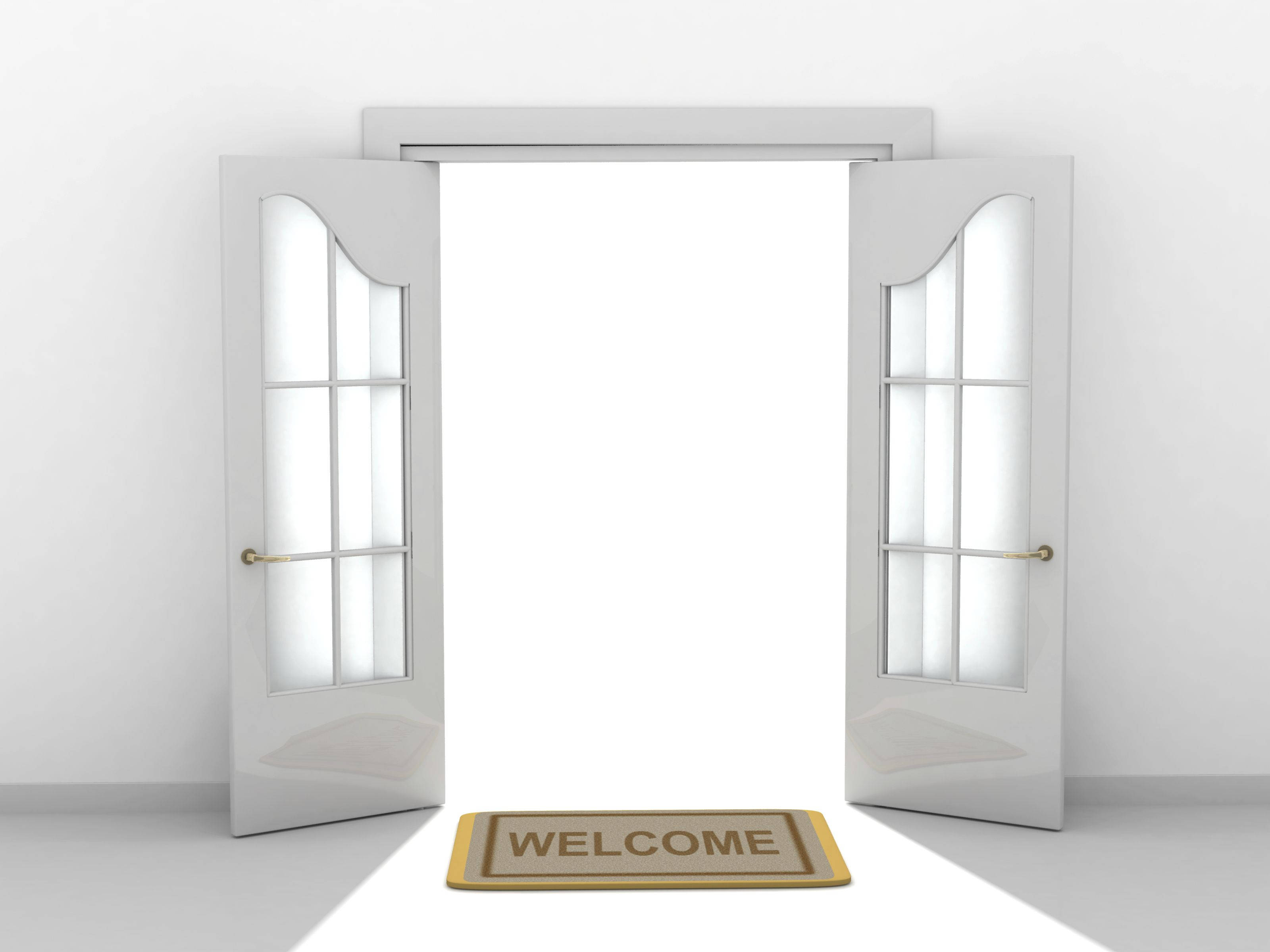 Door 桌布 壁紙 — 打開的白色法式門帶有玻璃窗格，框出明亮的空間，並透過金色迎賓墊邀請進入。