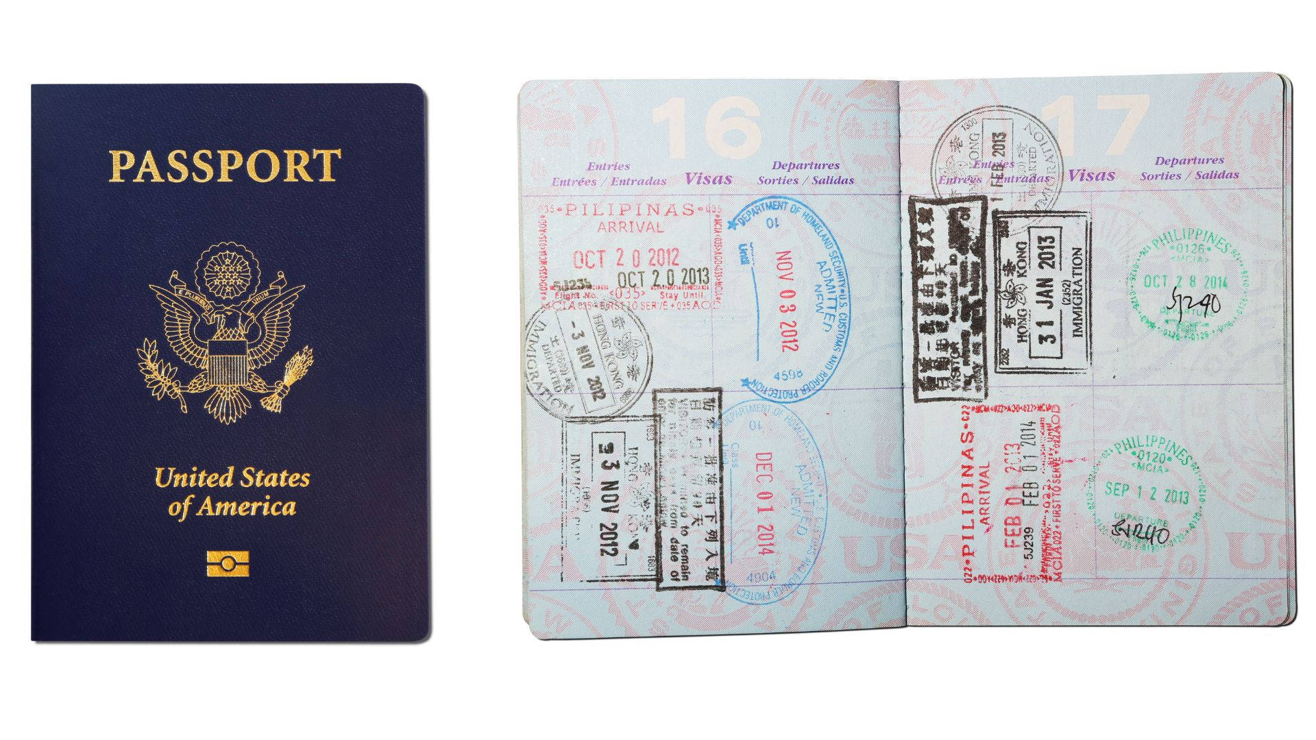 Passport 桌布 壁紙 — 打開的美國護照，顯示來自菲律賓及其他國家的眾多國際出入境印章。