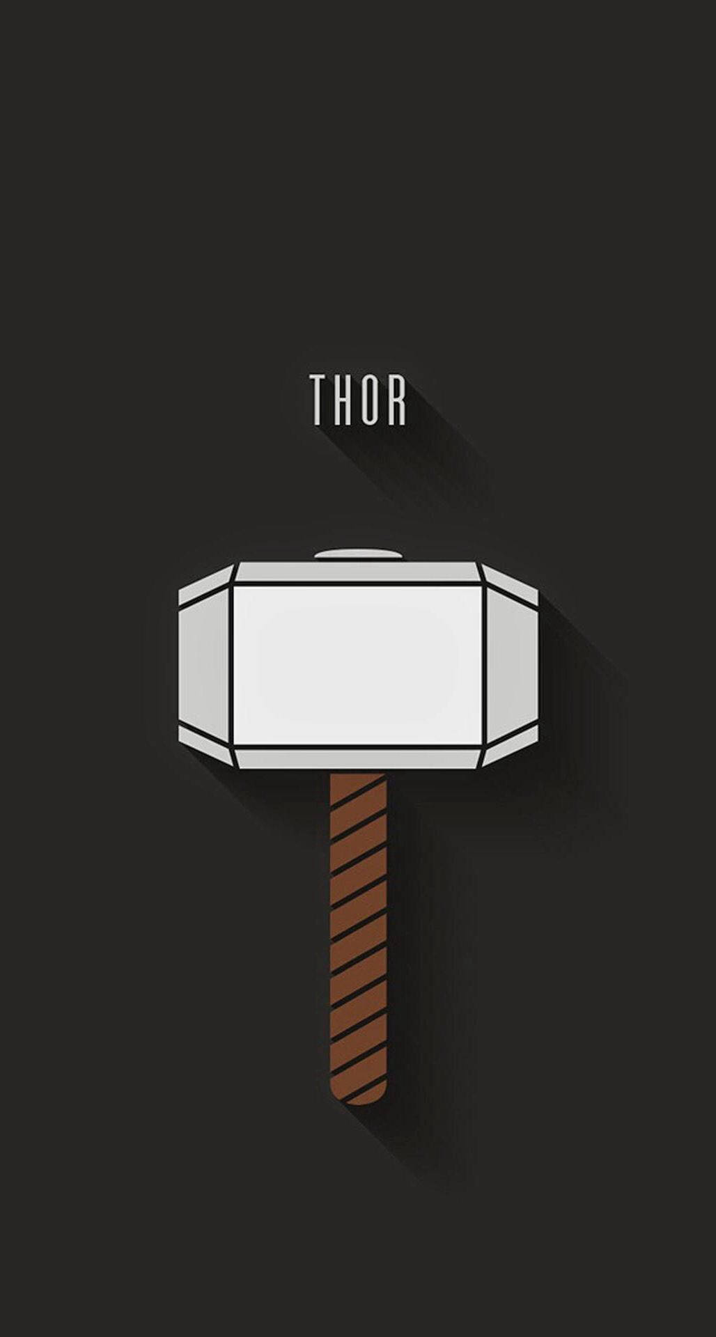 Thor Hammer 桌布 壁紙 — 托爾之錘妙爾尼爾的極簡平面設計，棕色條紋手柄和白色錘頭居中於深灰色背景上，上方有'THOR'文字。