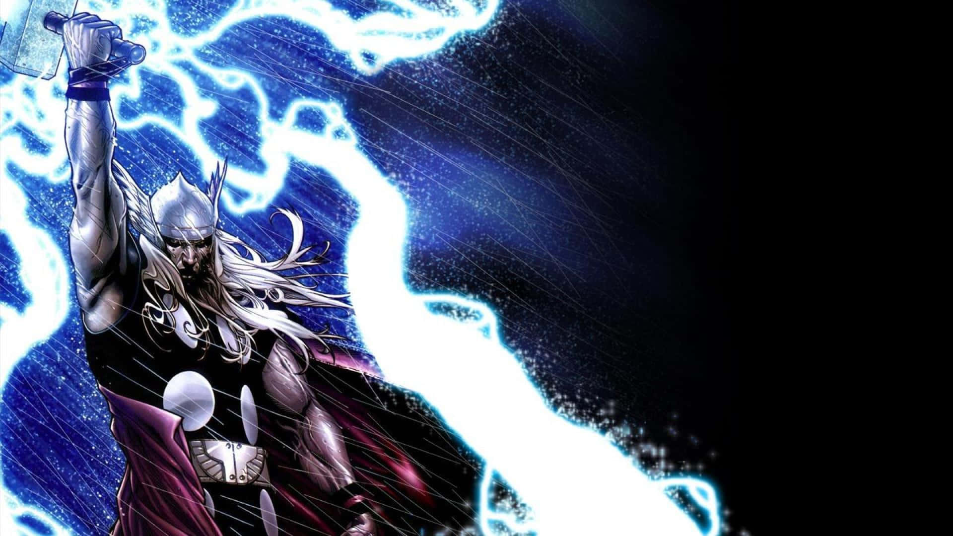 Jane Foster 桌布 壁紙 — 托爾在黑暗的宇宙背景下，伴隨著劈啪作響的藍色閃電揮舞著他的錘子。