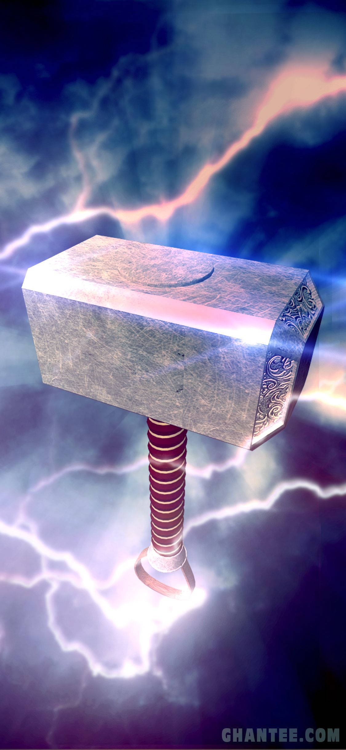 Thor Hammer 桌布 壁紙 — 托爾的錘子妙爾尼爾在風暴般的宇宙天空中，伴隨著劈啪作響的閃電，散發著神聖的能量光芒。