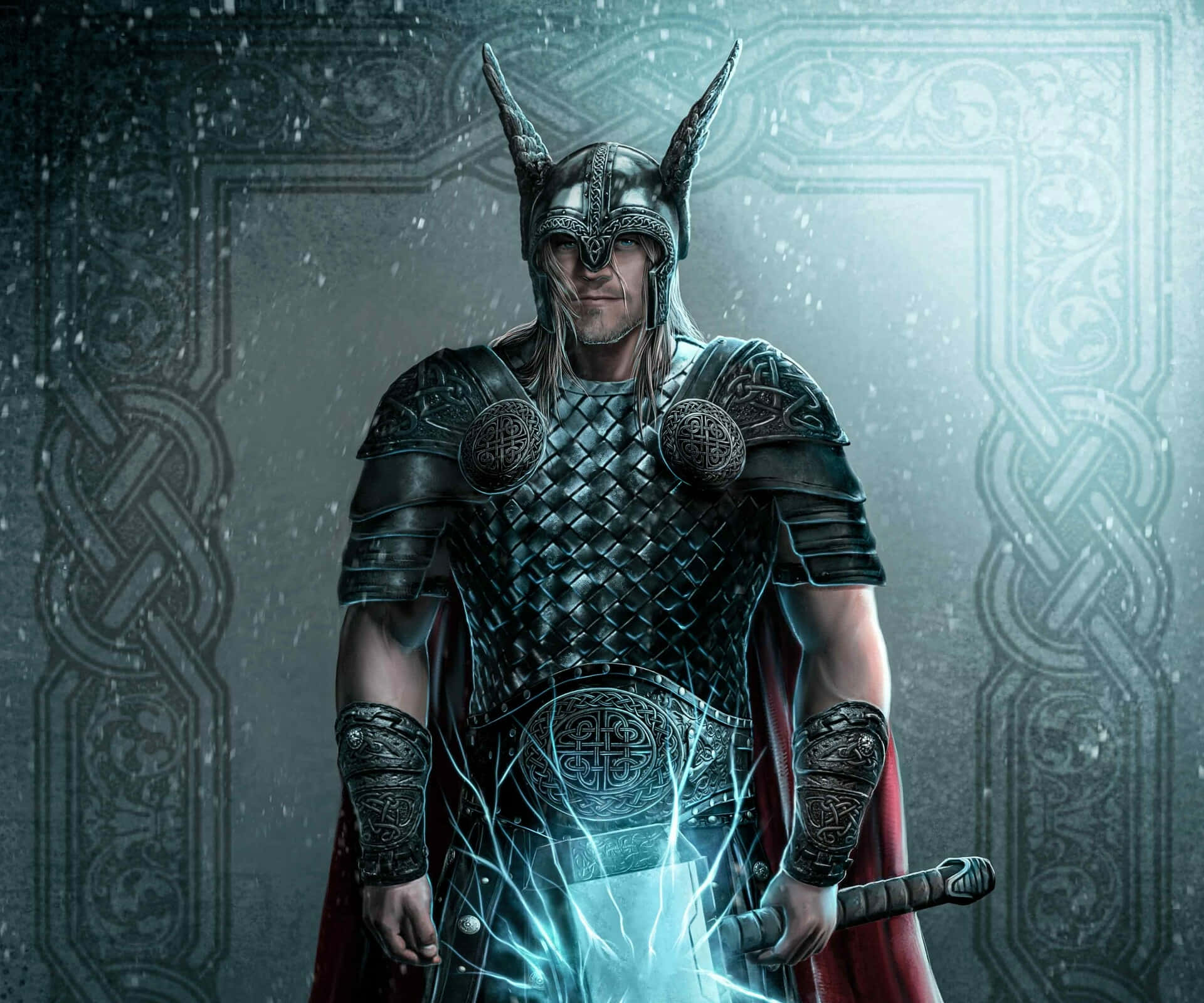 Norse Mythology 桌布 壁紙 — 托爾身穿華麗盔甲，劍上閃爍的雷電在雪地中精雕細琢的石頭背景下劈啪作響。