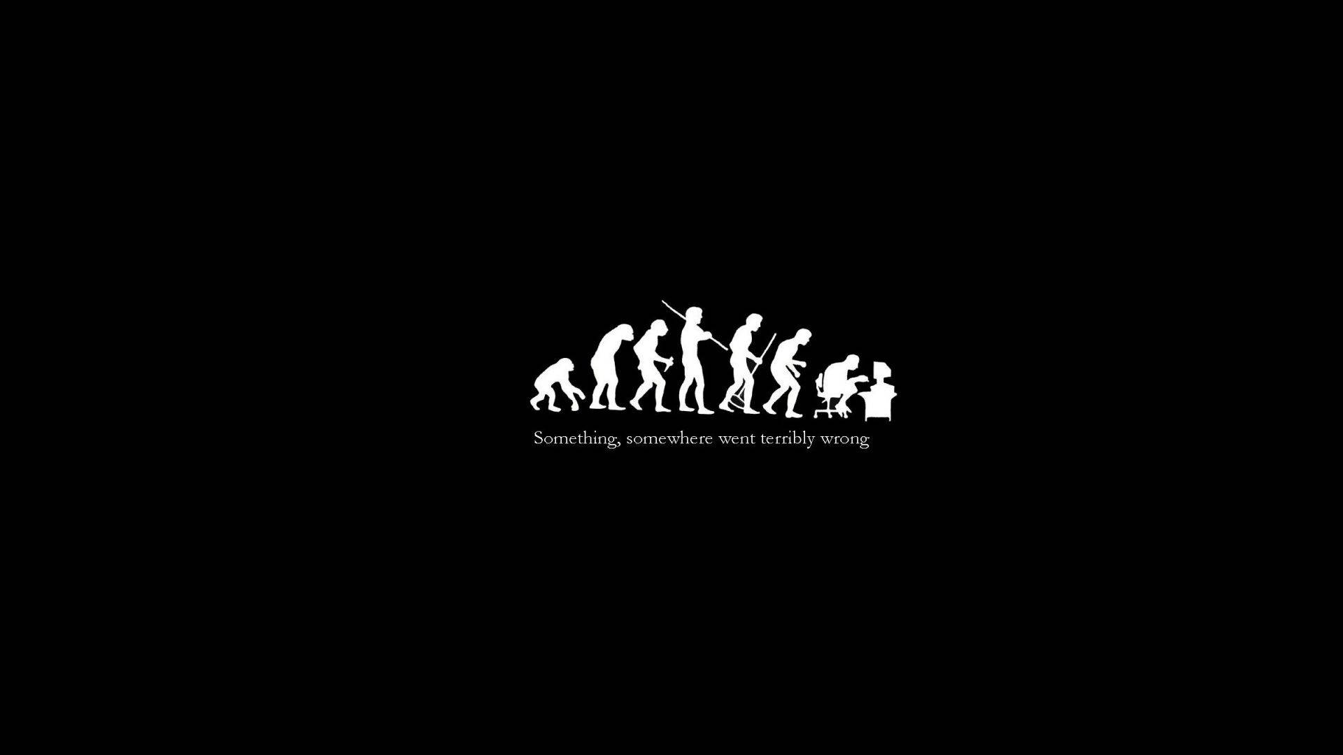 Humor 桌布 壁紙 — 扭曲人類進化的白色剪影，最終以一個人坐在電腦前，文字顯示某處出了大問題。