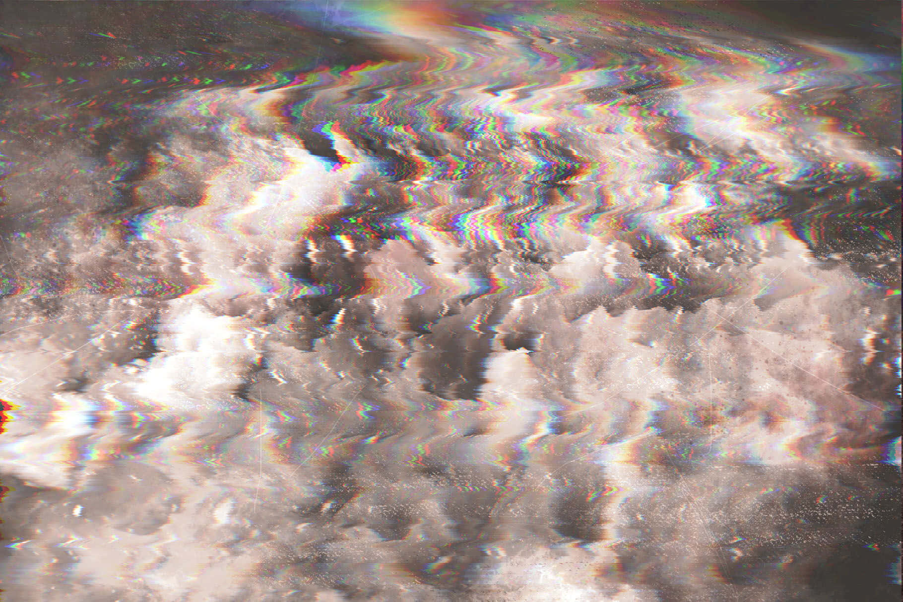 Glitch Effect 桌布 壁紙 — 扭曲的抽象紋理，在陰沉的灰色表面上帶有故障彩虹邊緣。