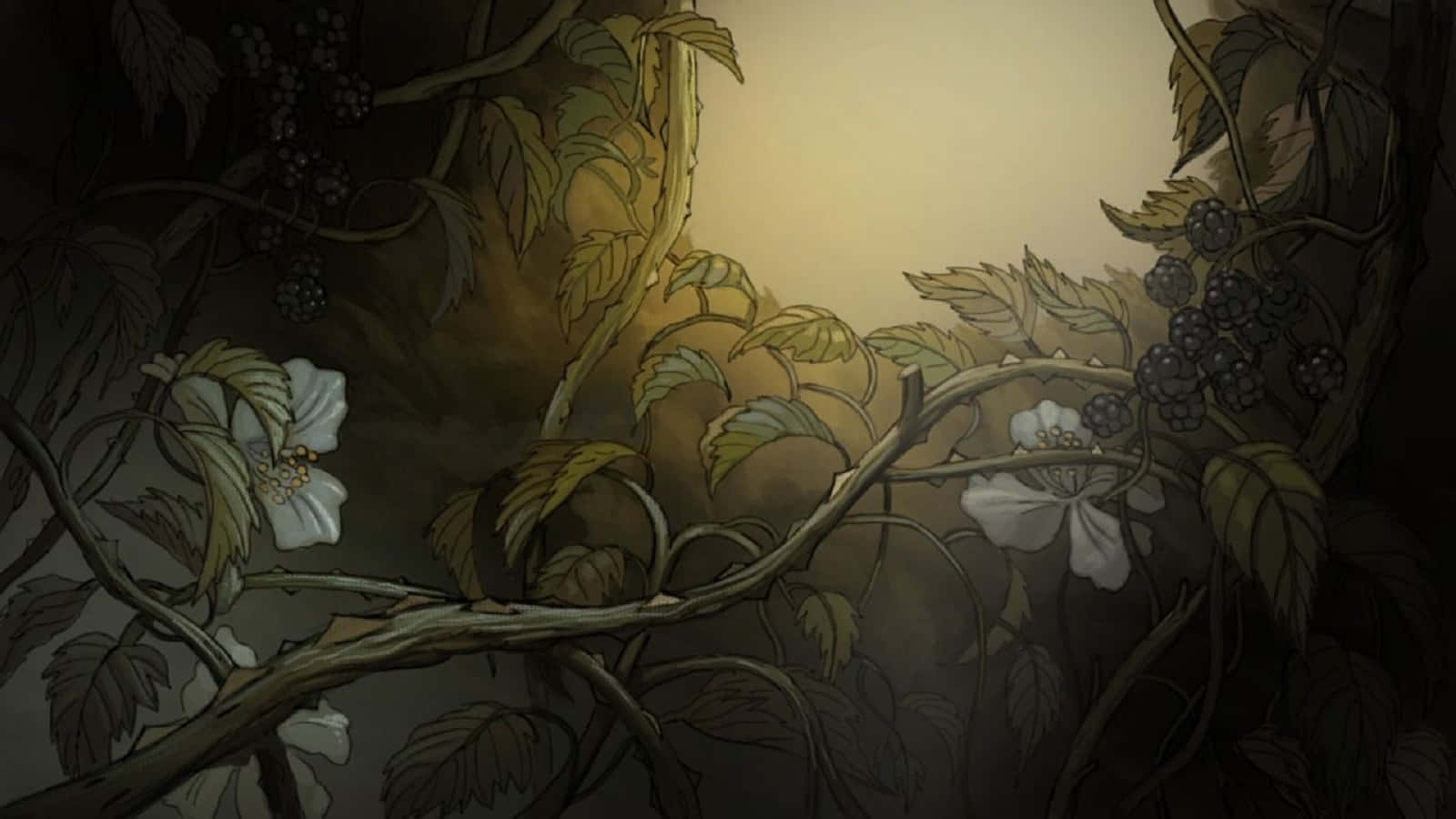 over the garden wall 桌布 壁紙 — 扭曲的樹枝上長著白色花朵和深色漿果，在茂密陰暗的森林中環繞著柔和的光芒。