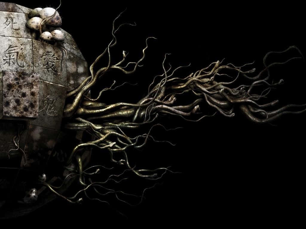 Dark Surrealism 桌布 壁紙 — 扭曲的金屬根從一塊刻有日文字符的風化石板中迸發出來，背景是黑色虛空。