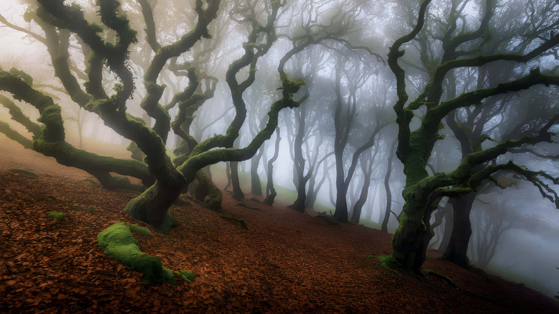 Enchanted Foggy Glade 壁紙 — 扭曲的長滿苔蘚的樹木從落葉地毯中升起，在濃霧瀰漫的森林中。