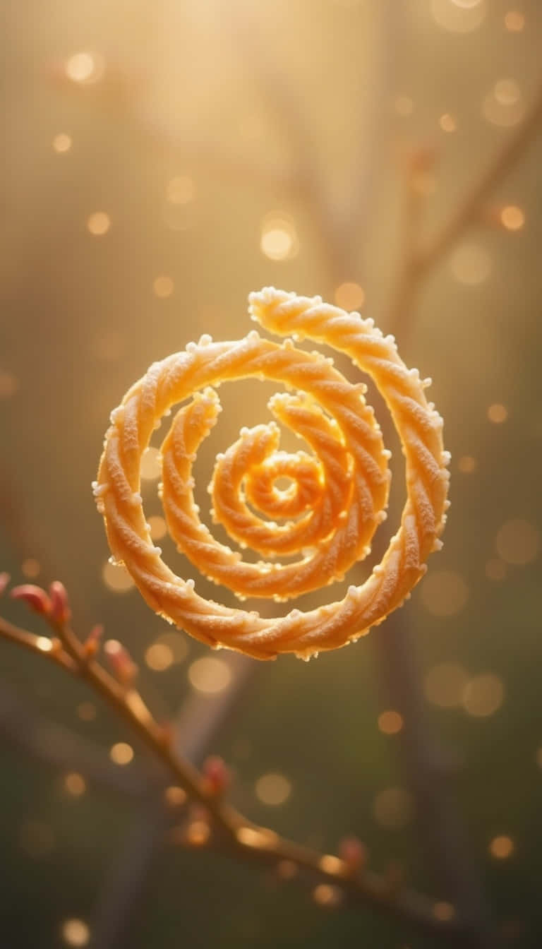 Flower 壁紙 — 扭紋義大利麵的金色螺旋在陽光照射的樹枝的柔和散景背景下閃爍著露珠。
