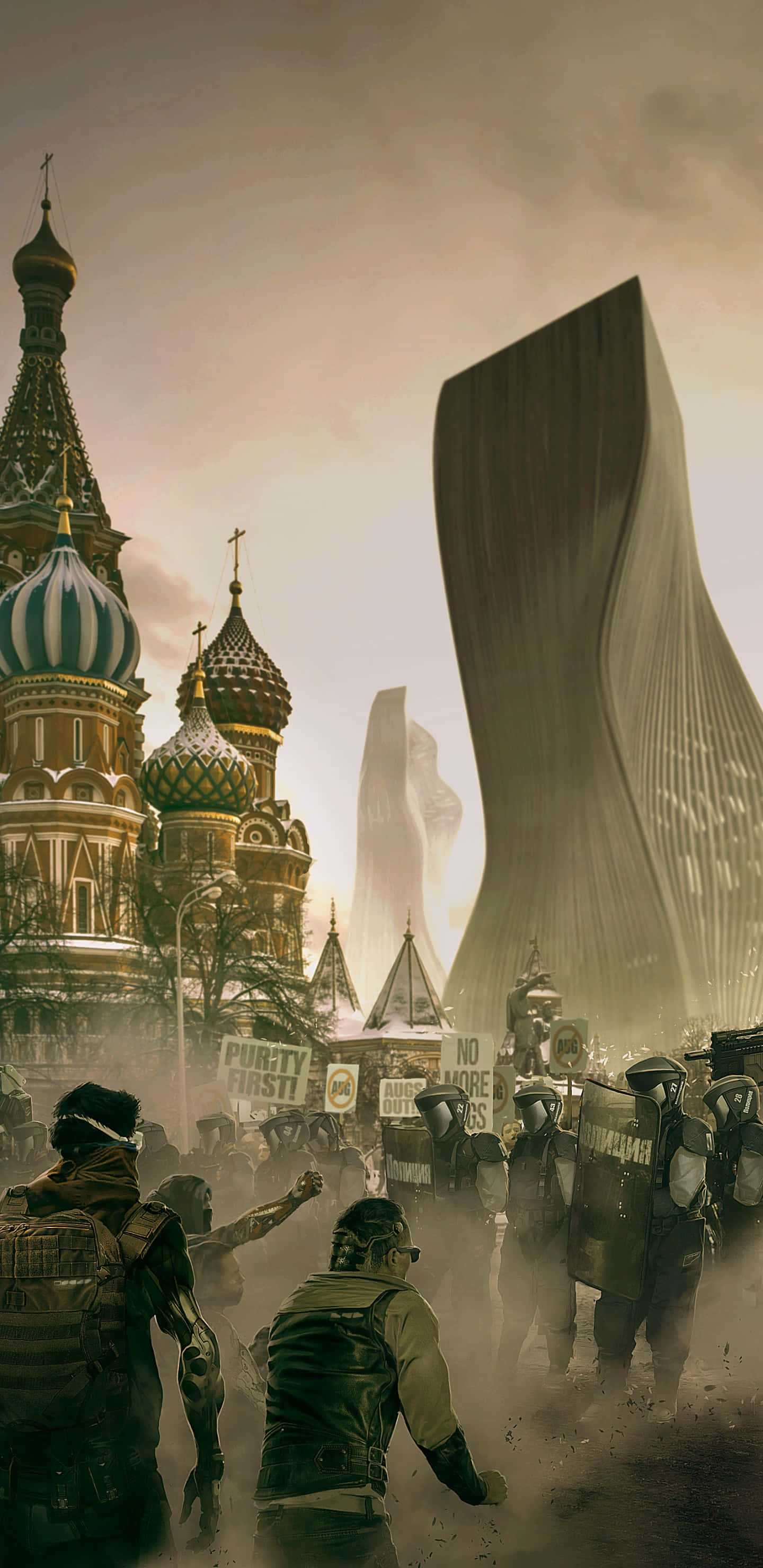 Android Deus Ex Mankind Divided 桌布 壁紙 — 抗議者與防暴警察在煙霧瀰漫的城市街道上衝突，旁邊是聖巴西爾大教堂和一座高聳的未來主義建築。