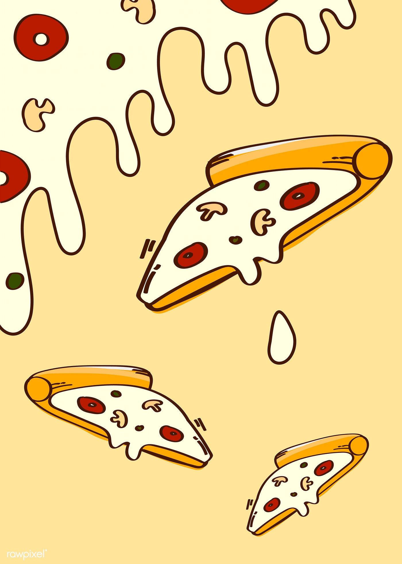 Pizza 桌布 壁紙 — 披薩片配上融化起司和配料，在奶油黃色背景上以俏皮卡通風格漂浮。