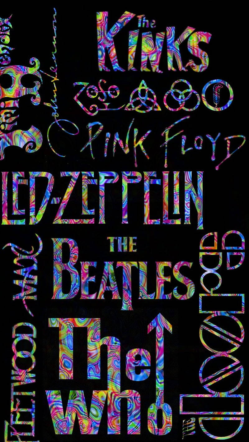 Retro 桌布 壁紙 — 披頭四和 Pink Floyd 等標誌性搖滾樂隊的鮮豔迷幻文字在黑色背景上發光。