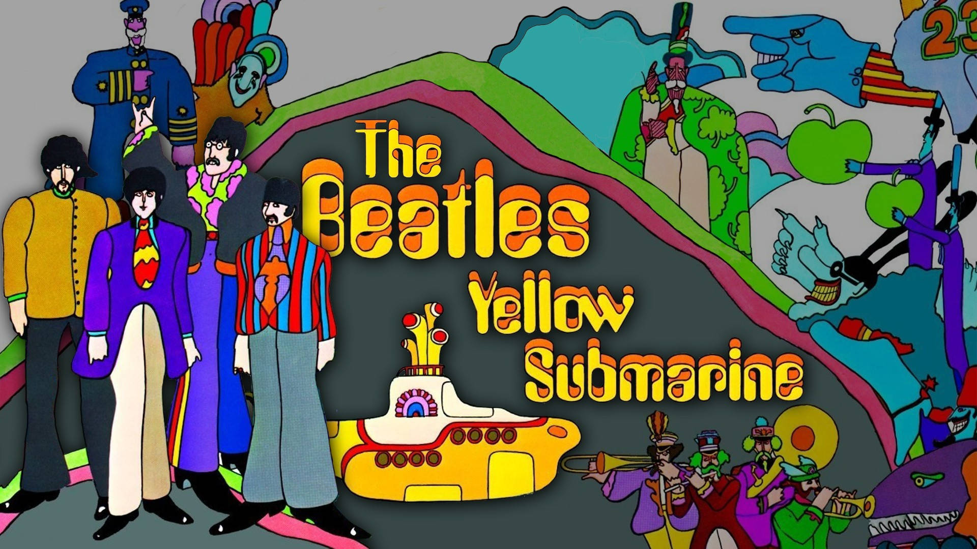 the beatles 桌布 壁紙 — 披頭四和黃色潛水艇角色的鮮豔卡通插圖，帶有迷幻色彩和奇異生物。