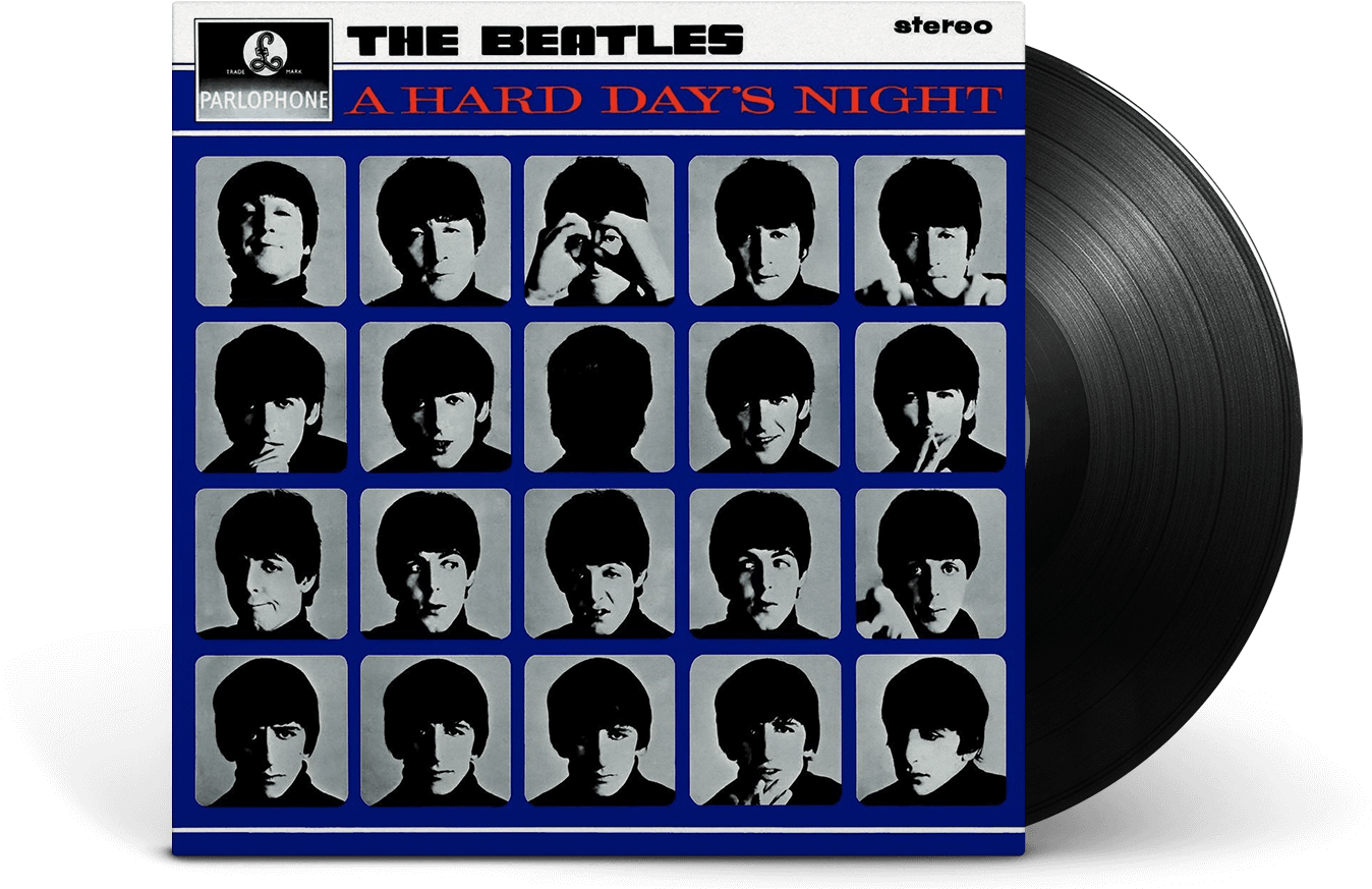 披頭四 桌布 壁紙 — 披頭四樂團專輯《A Hard Day's Night》的復古封面，以標誌性的黑白肖像網格排列在鮮明的藍色背景上。