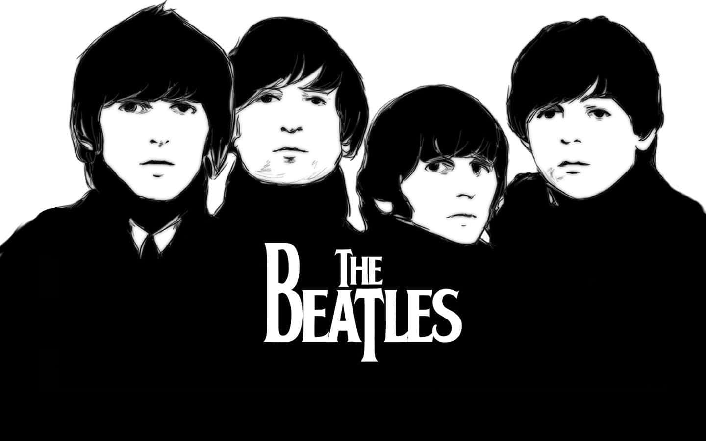the beatles 桌布 壁紙 — 披頭四樂團成員的風格化黑白插圖，下方有粗體文字。