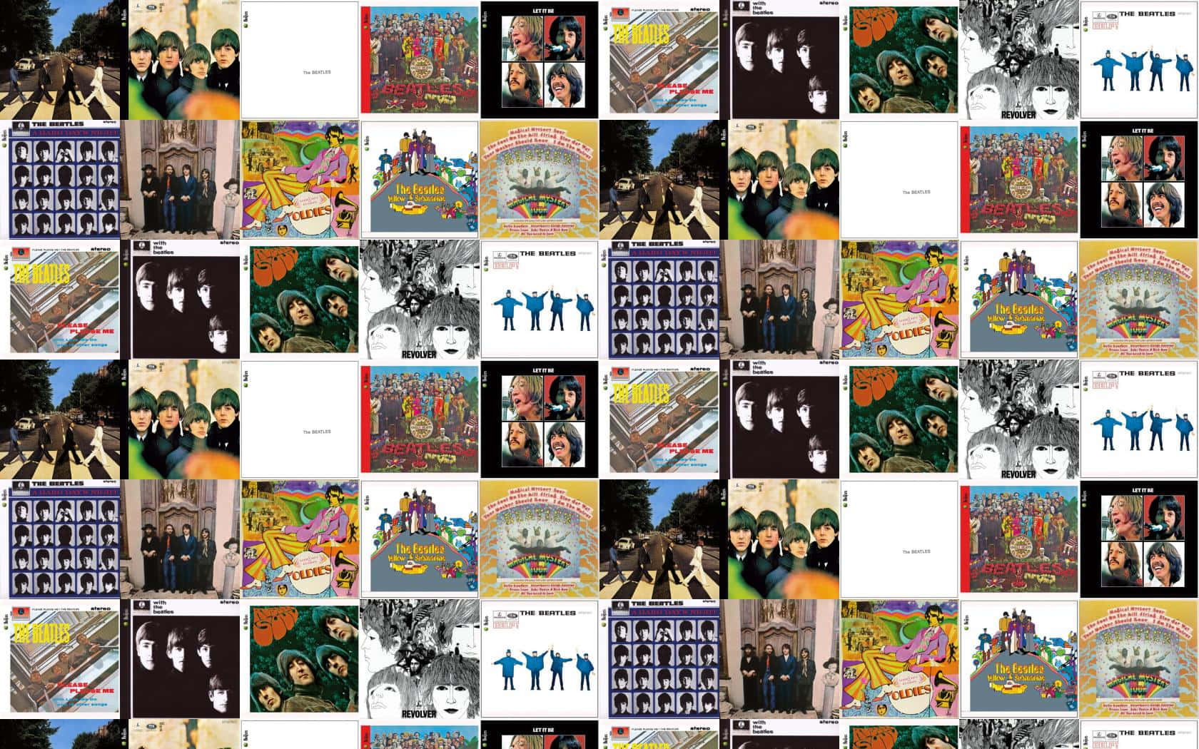 album 桌布 壁紙 — 披頭四標誌性專輯封面的鮮豔拼貼畫， featuring 迷幻藝術和著名的艾比路過馬路圖像。