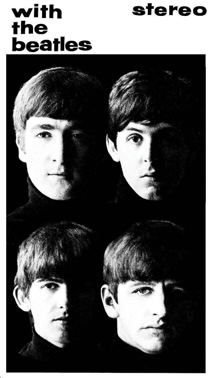 披頭四 桌布 壁紙 — 披頭四的黑白肖像，臉上寫有「with the beatles」和「stereo」文字。
