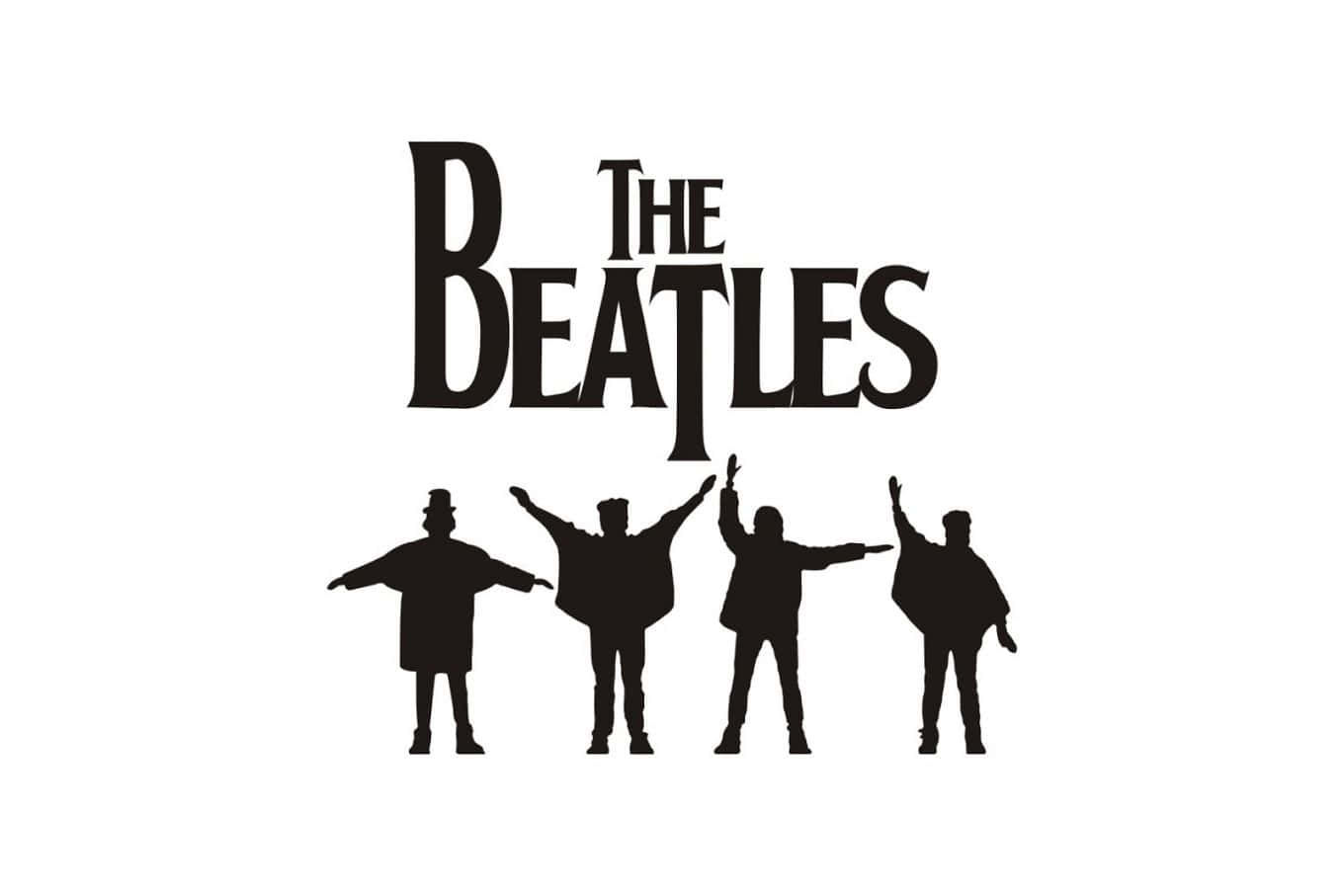 the beatles 桌布 壁紙 — 披頭四的黑色剪影，雙臂伸展，位於其標誌性標誌下方，背景為純白色。